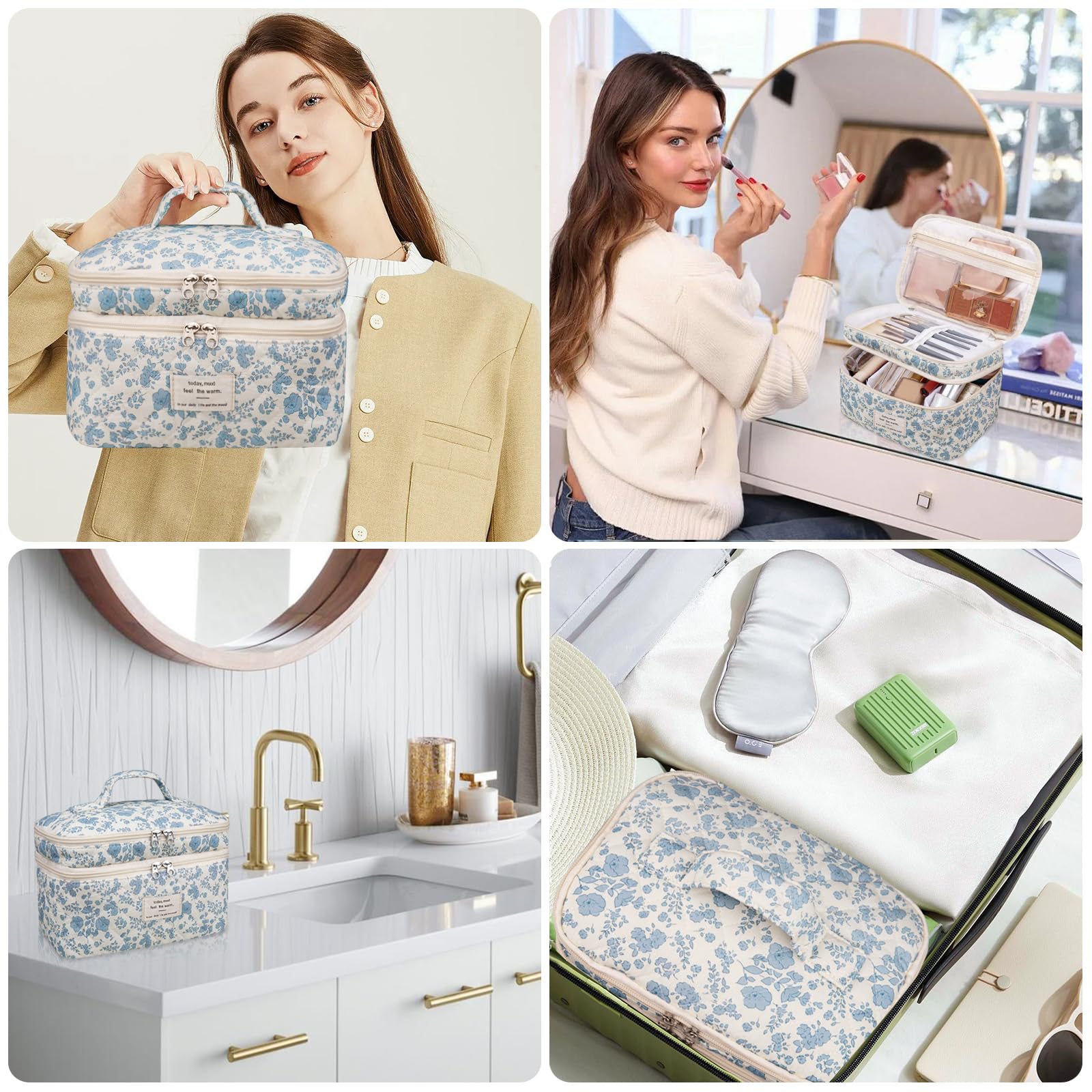Gosect makeup bag large blue flowers travel-ready compact storage for trips