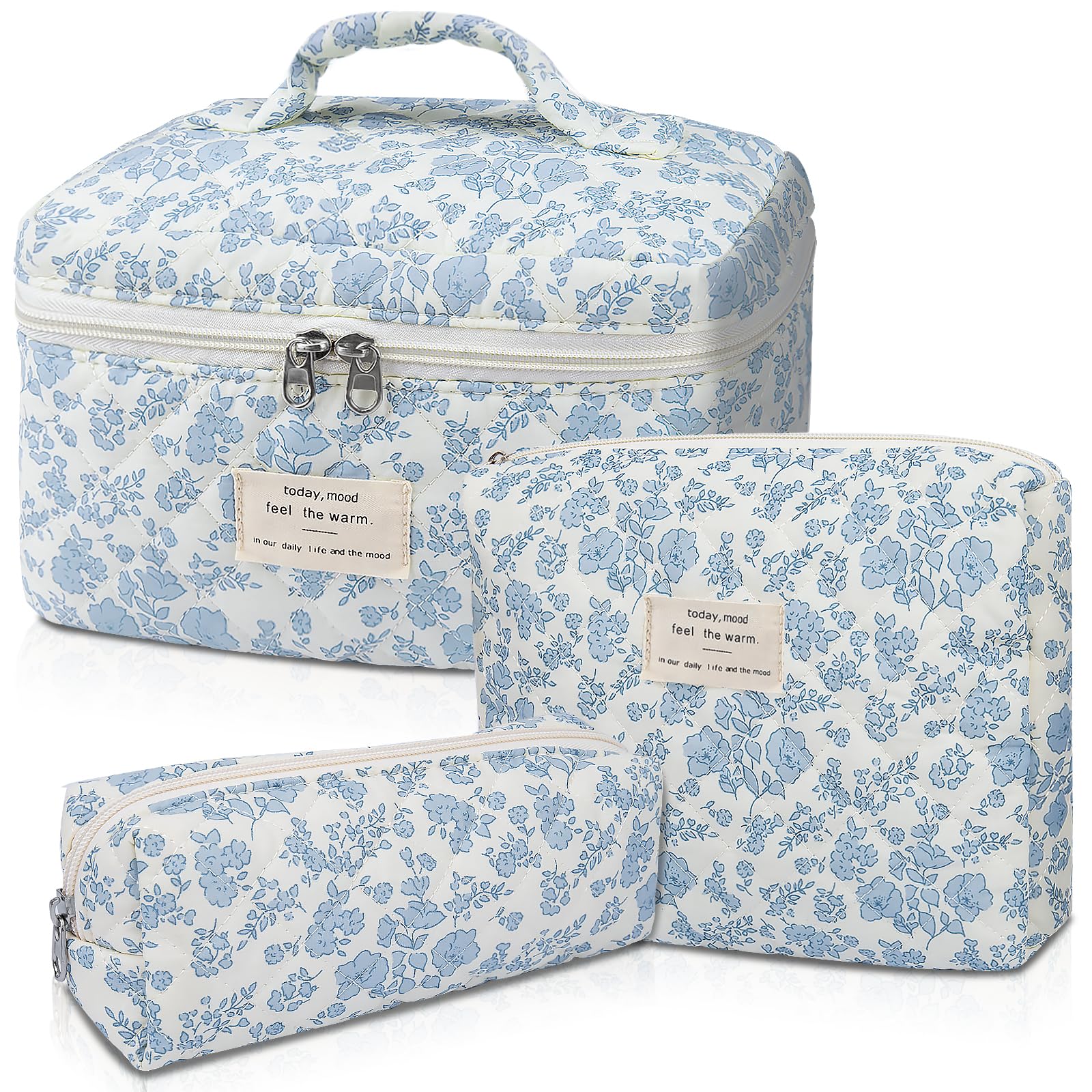 Gosect makeup bag large quilted blue flower front view for organized cosmetics on the go