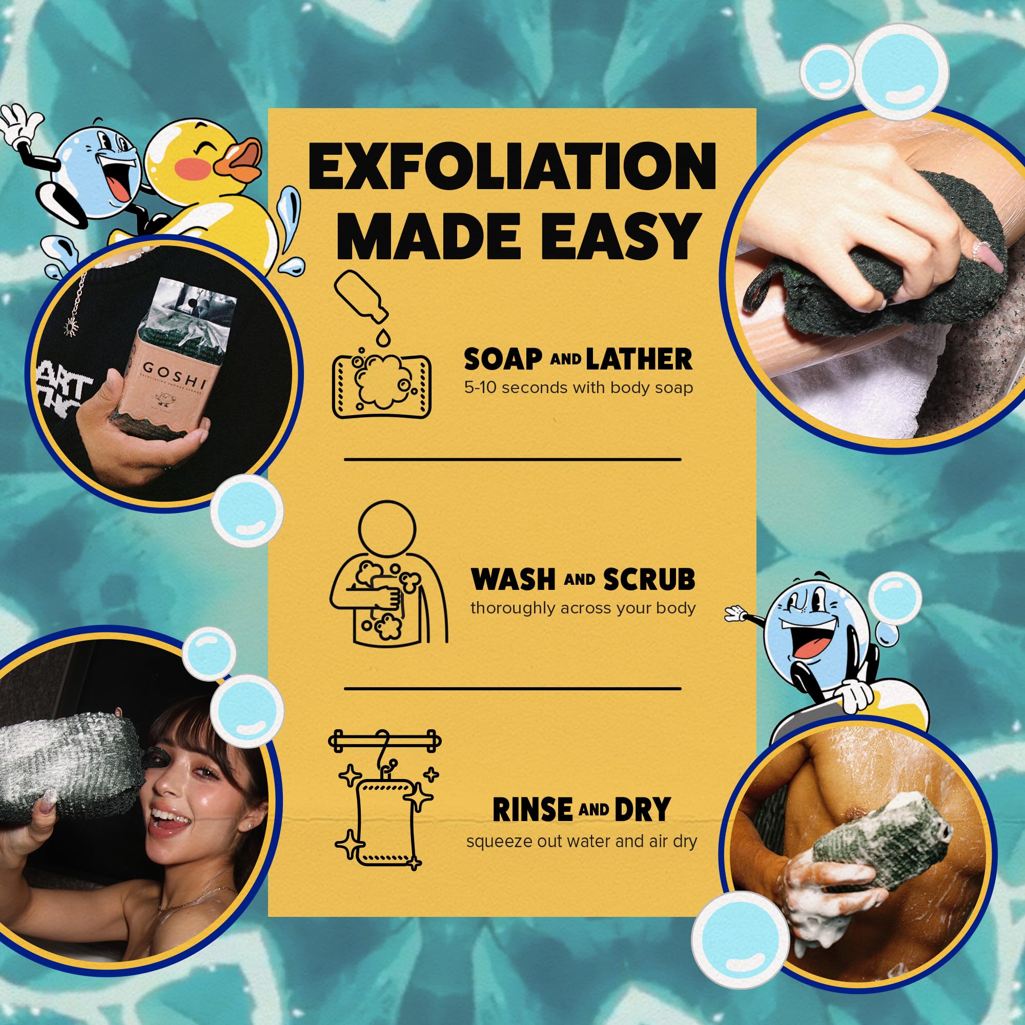 GOSHI exfoliating shower sponge is comfortable for sensitive skin while removing dirt and oil.