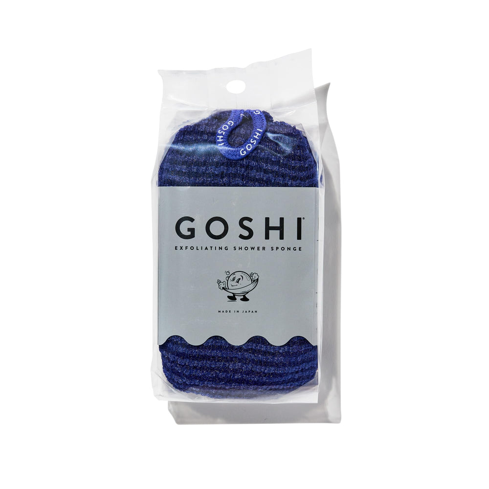 GOSHI Exfoliating Shower Sponge Indigo Blue hero shot highlights balanced cleanse