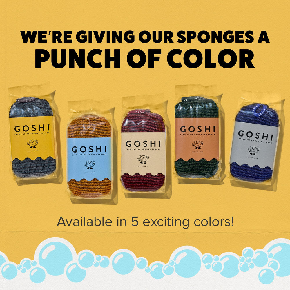 GOSHI exfoliating shower sponge features two-thread weave balancing exfoliation and cleaning.