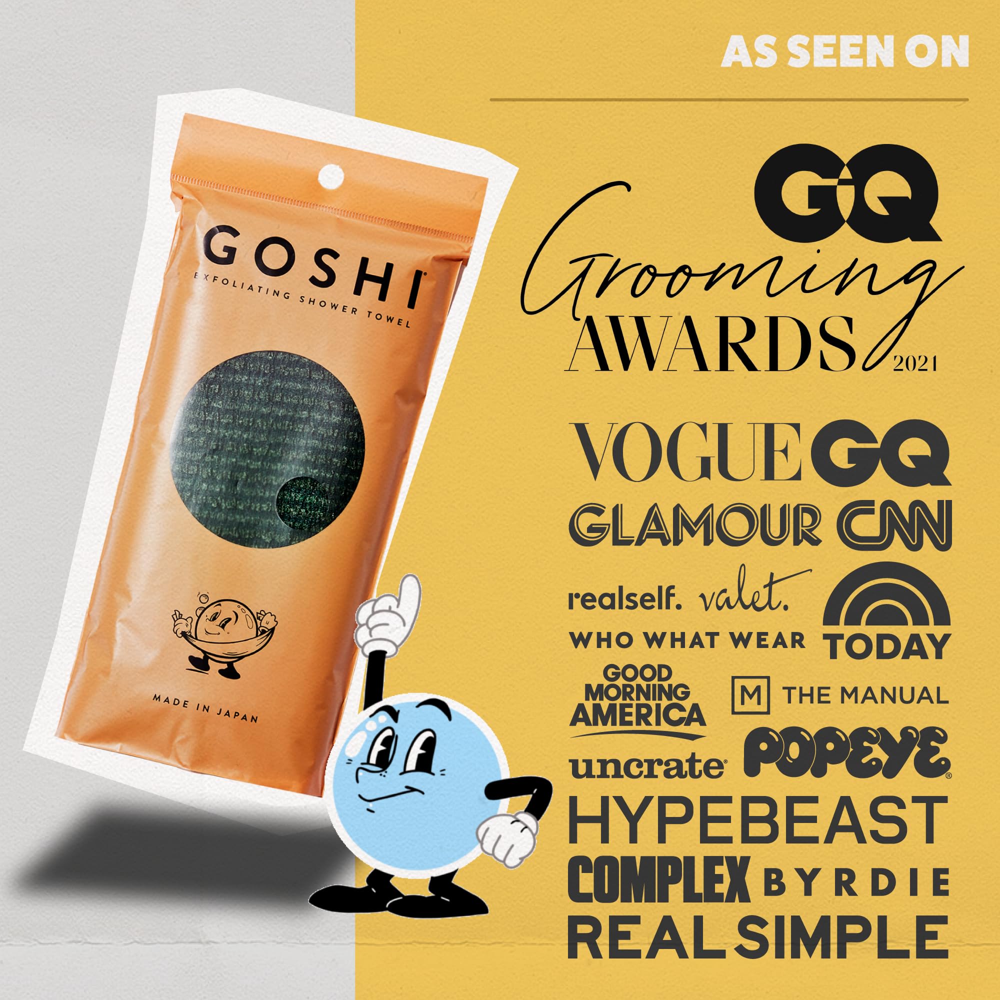 GOSHI exfoliating towel bathroom-scene illustrating quick, daily cleansing in a shower.