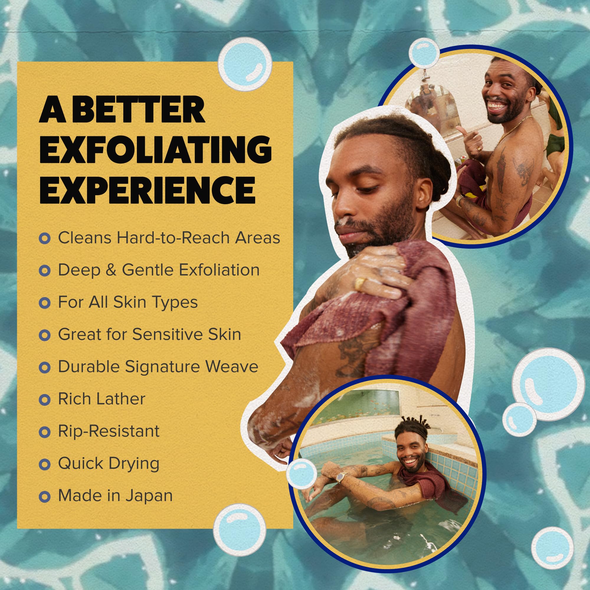 GOSHI Exfoliating Towel lather close-up emphasizes rich foam with any body wash.