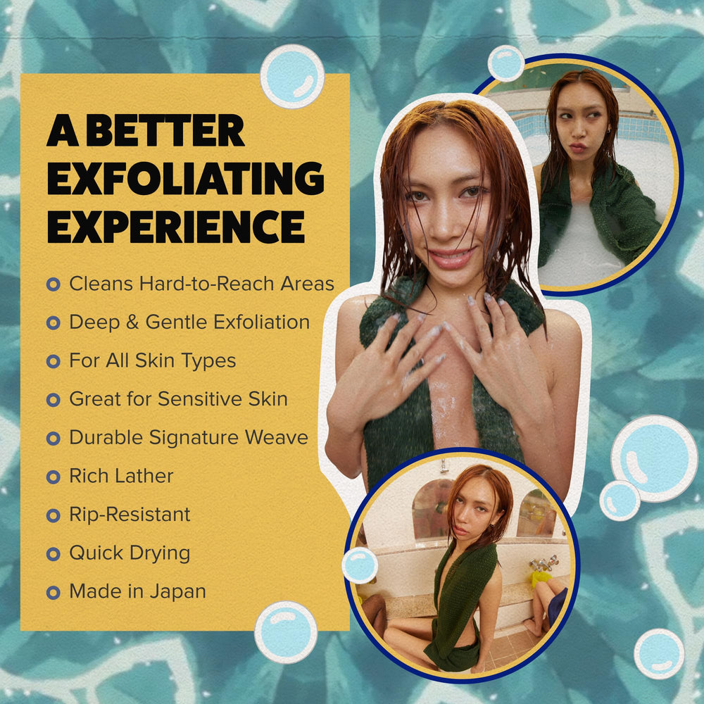 GOSHI exfoliating towel lather-foam-usage reveals luxurious lather with body wash.