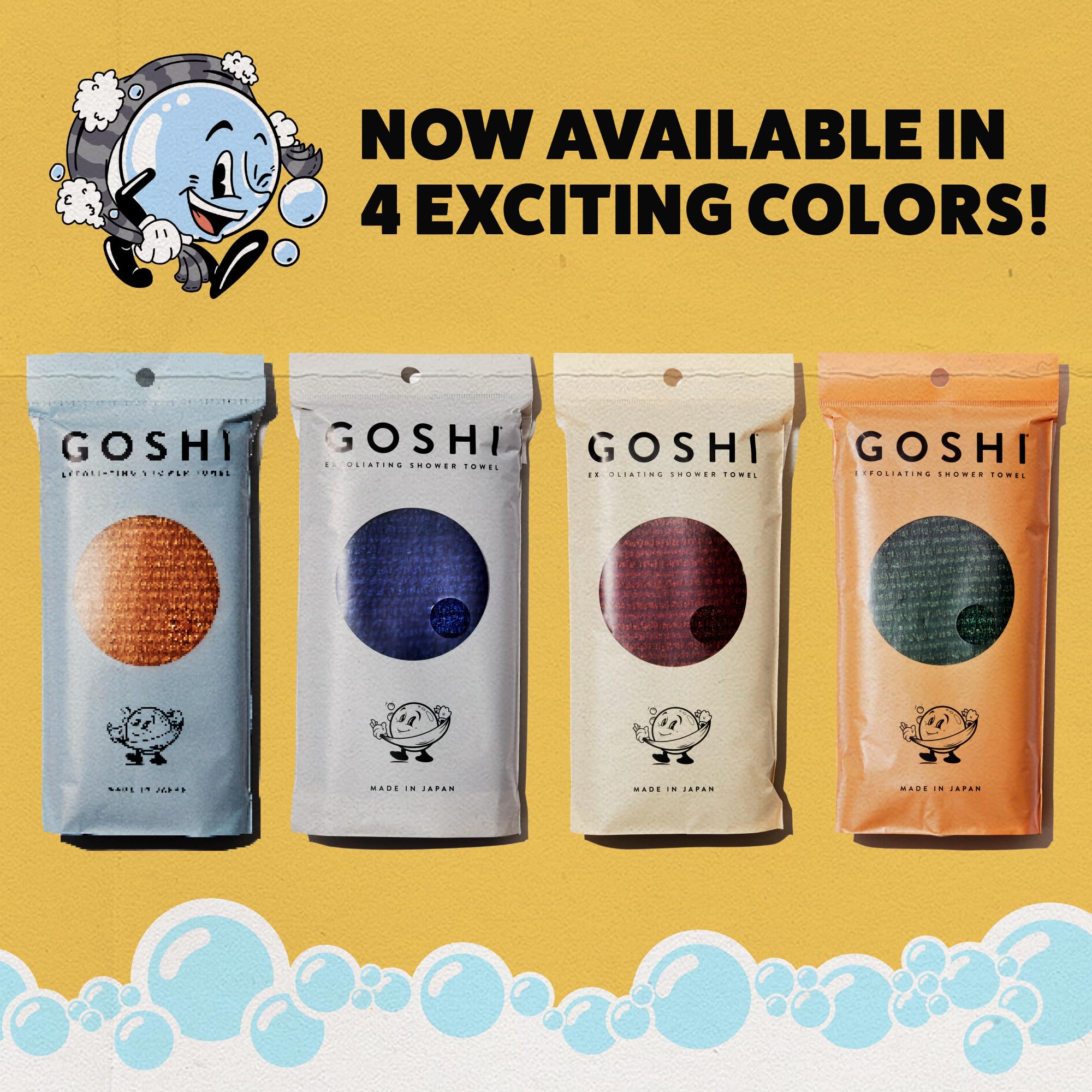 GOSHI Exfoliating Towel made-in-Japan tag highlights craftsmanship and trusted materials.