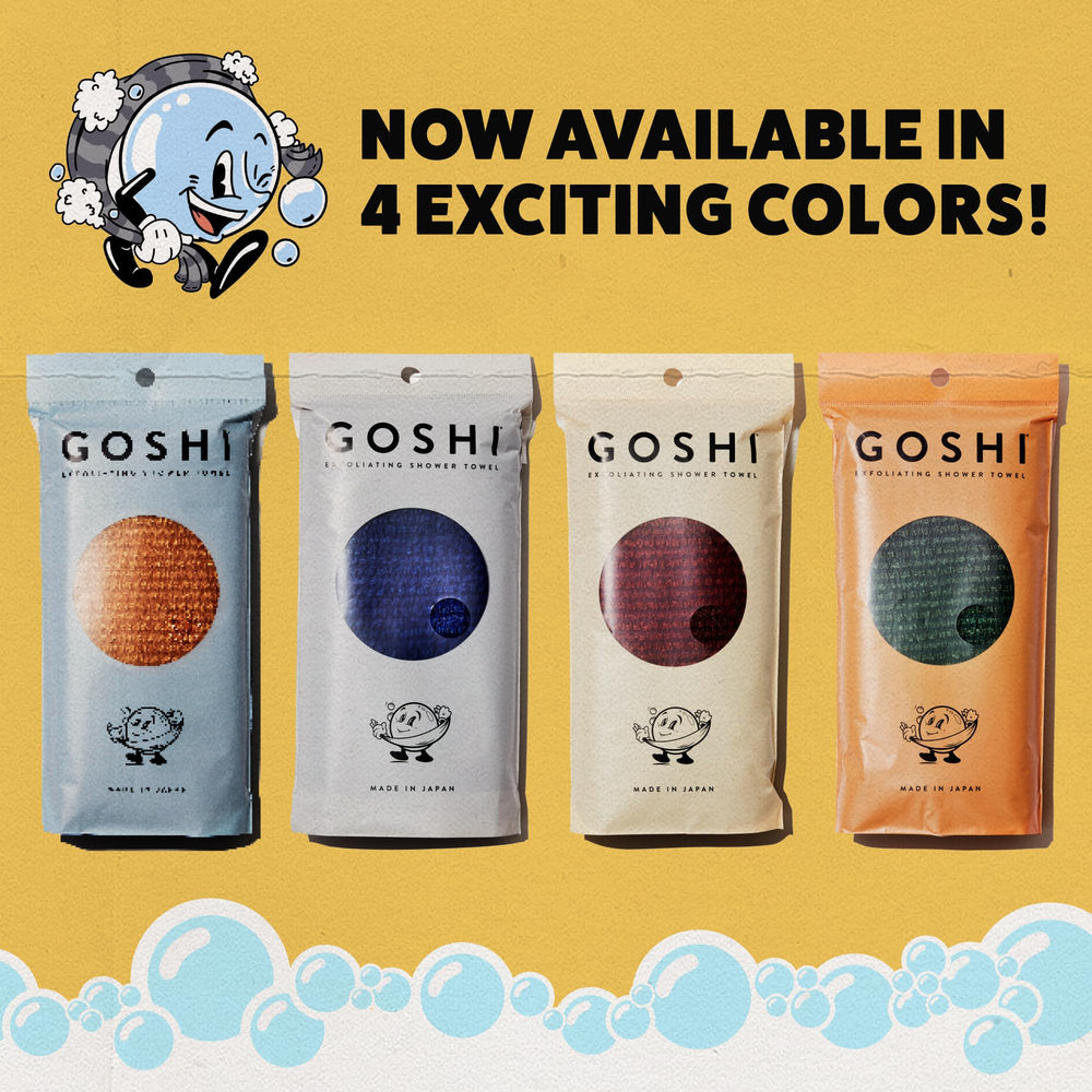 GOSHI Exfoliating Towel made-in-Japan tag highlights craftsmanship and trusted materials.