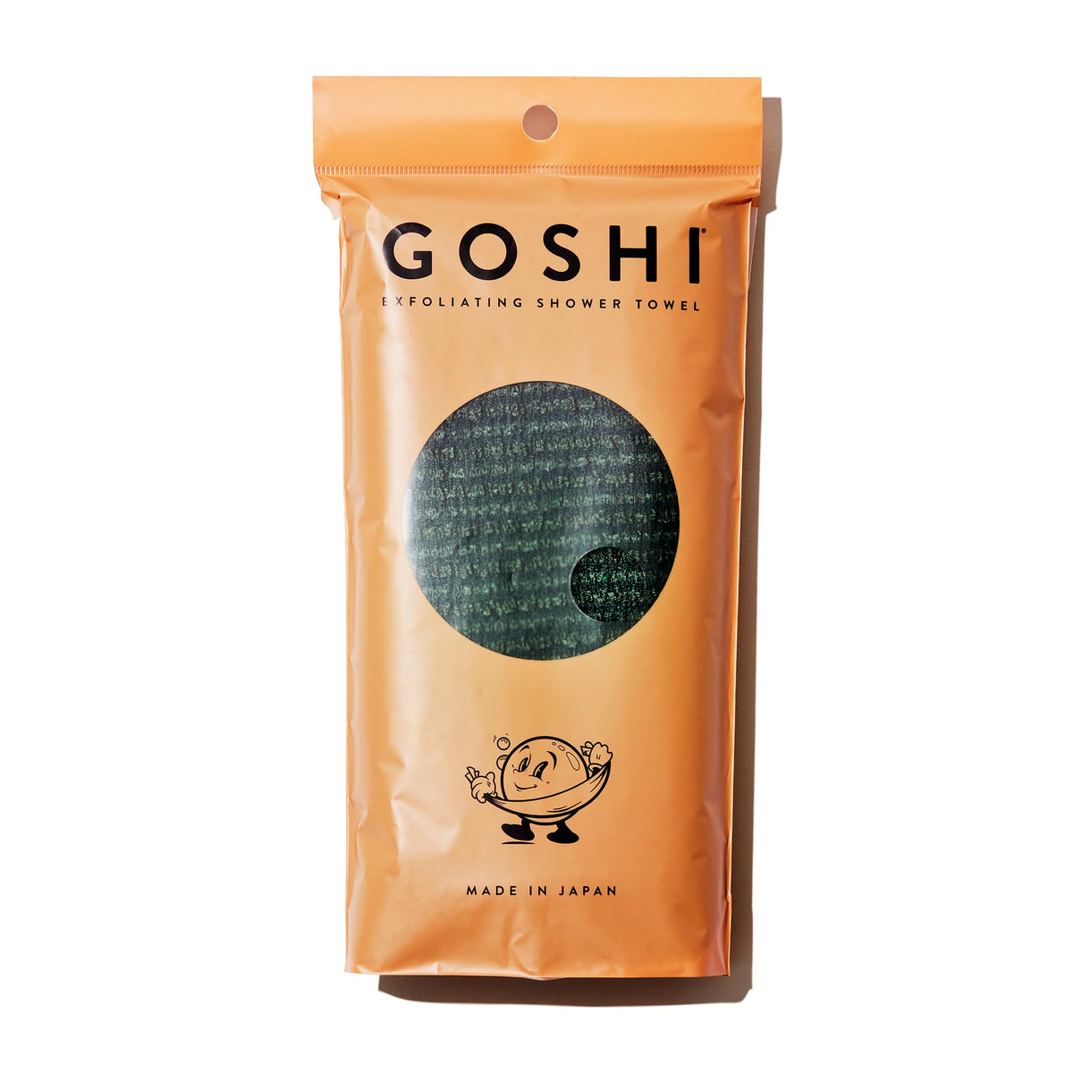 GOSHI exfoliating towel close-up shows rip-resistant fabric for durable exfoliation.