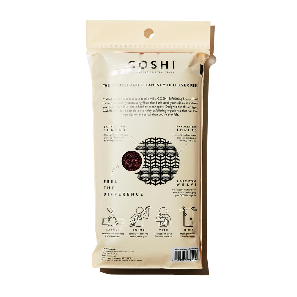 GOSHI Exfoliating Towel rip-resistant fabric close-up highlights efficient cleansing and long-lasting use.