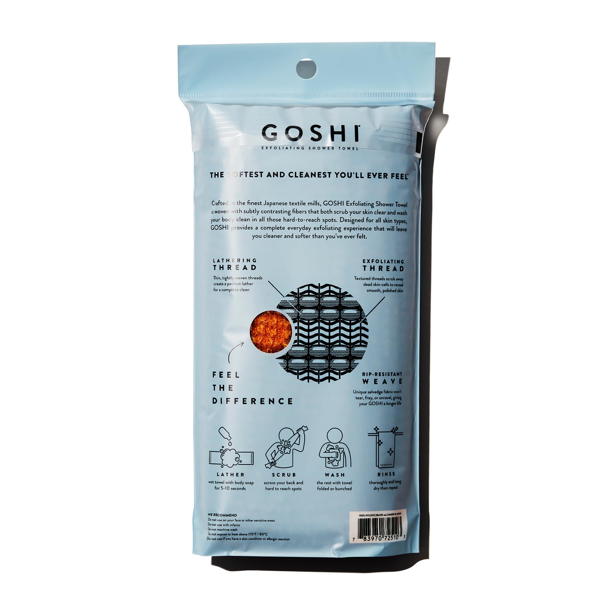 GOSHI exfoliating towel rip-resistant fabric delivers consistent exfoliation and lasting durability
