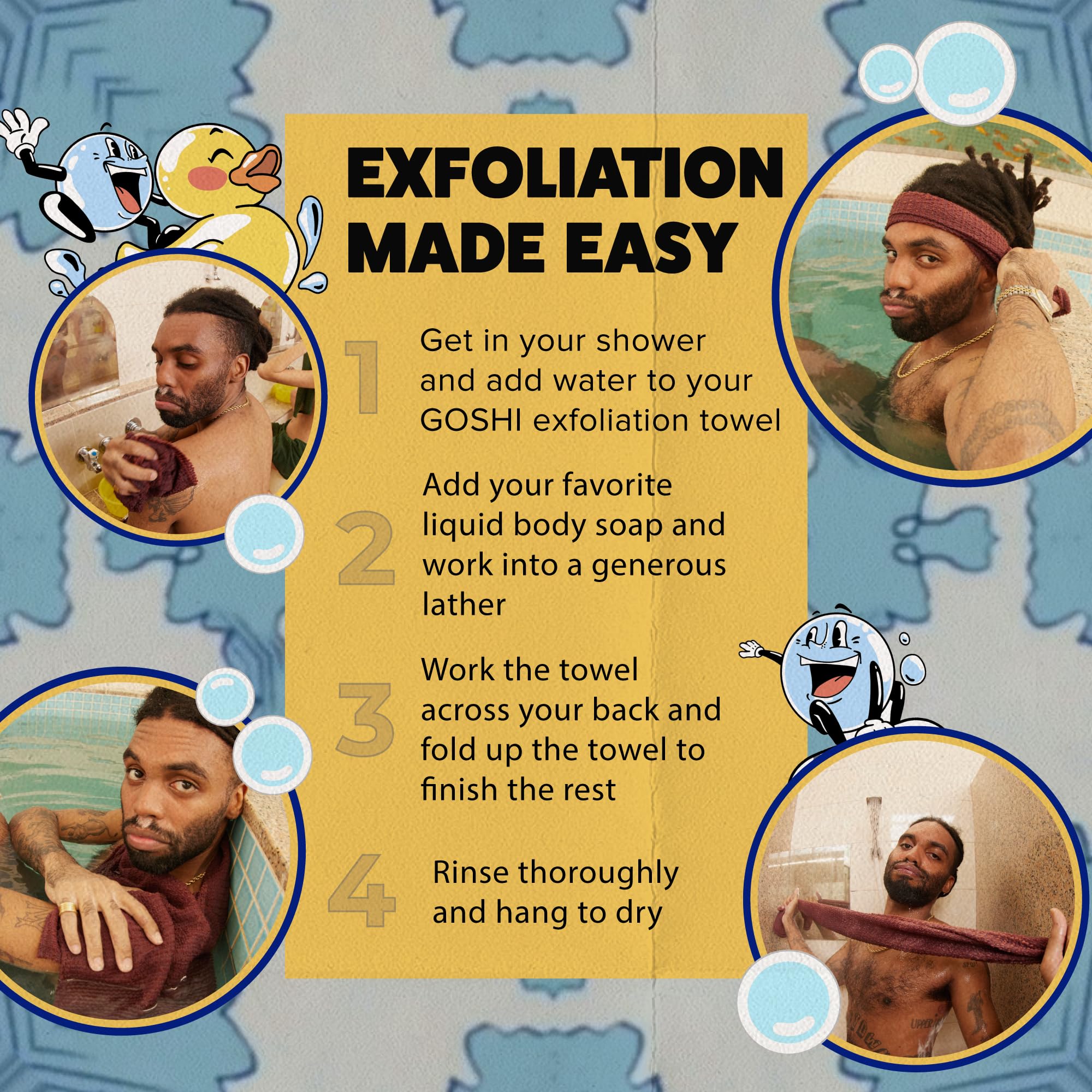 GOSHI Exfoliating Towel skin-sensitivity friendly design promotes comfortable exfoliation.