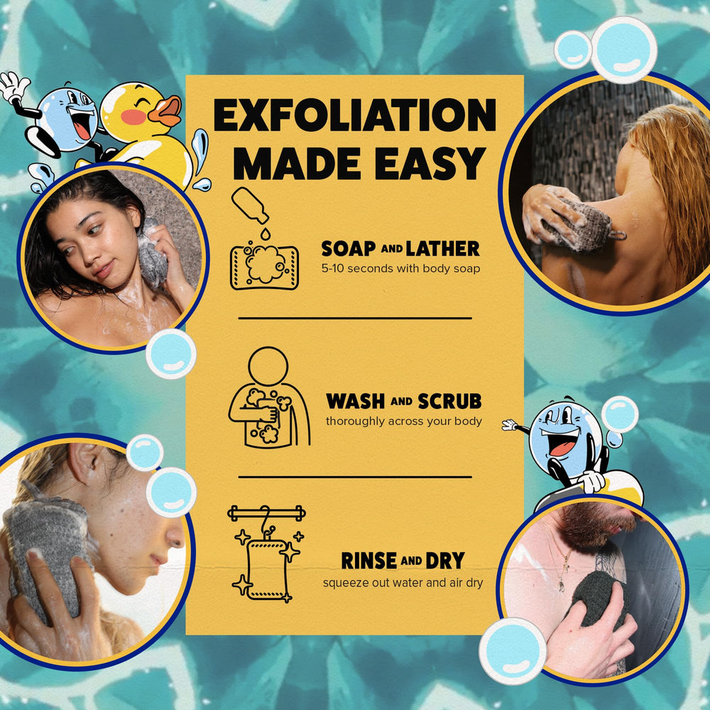 GOSHI Grey exfoliating sponge packaging image showcases daily-use bath essential