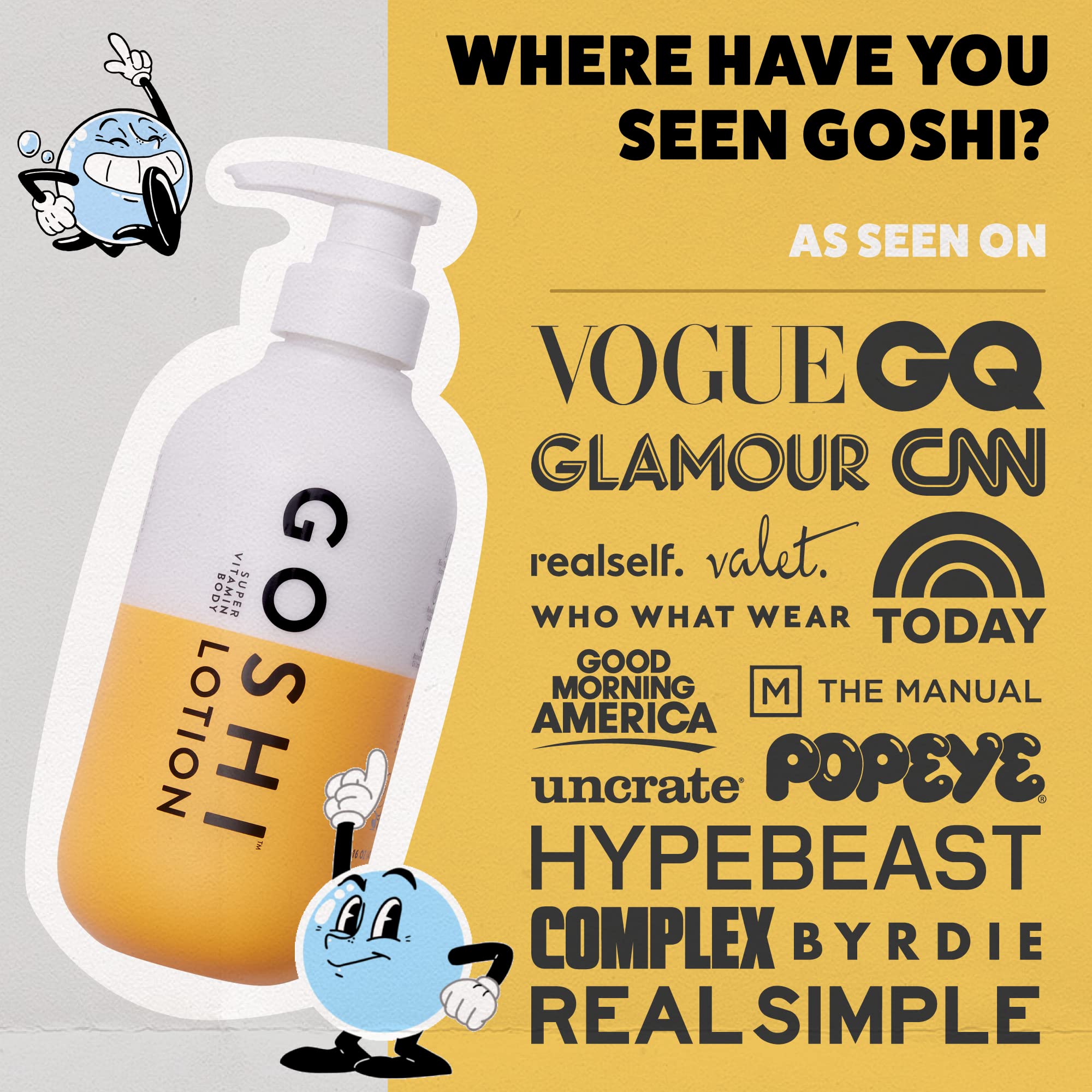 GOSHI Super Vitamin Body Lotion all-skin-types branding shows versatile moisturizer for many needs.