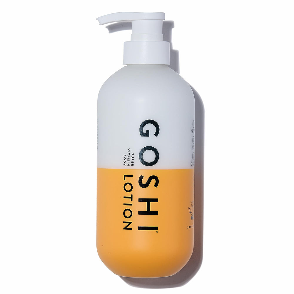 GOSHI Super Vitamin Body Lotion bottle pour shows quick-absorbing hydration for all skin types.