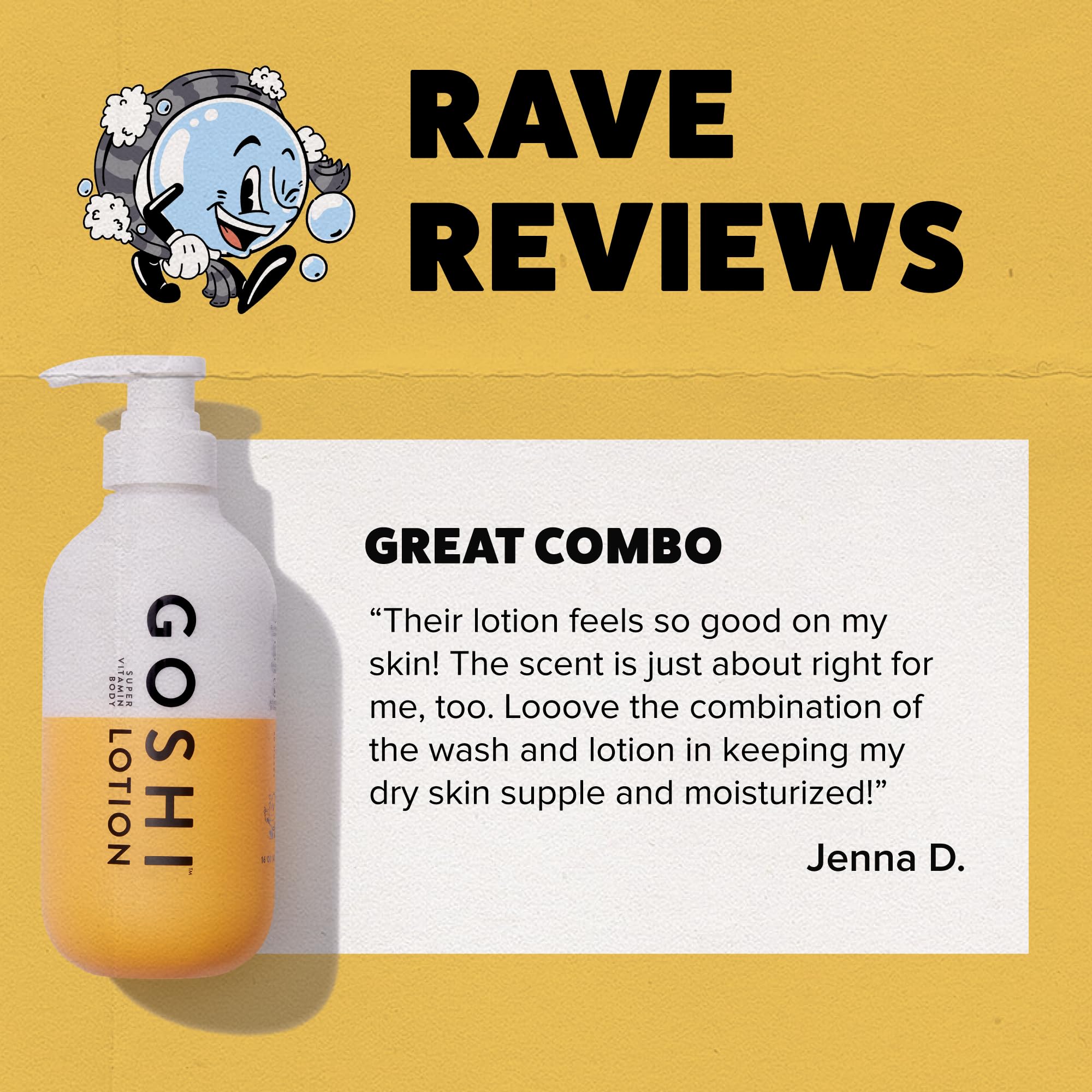 GOSHI Super Vitamin Body Lotion texture closeup highlights creamy, non-greasy finish.
