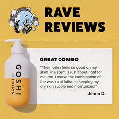 GOSHI Super Vitamin Body Lotion texture closeup highlights creamy, non-greasy finish.