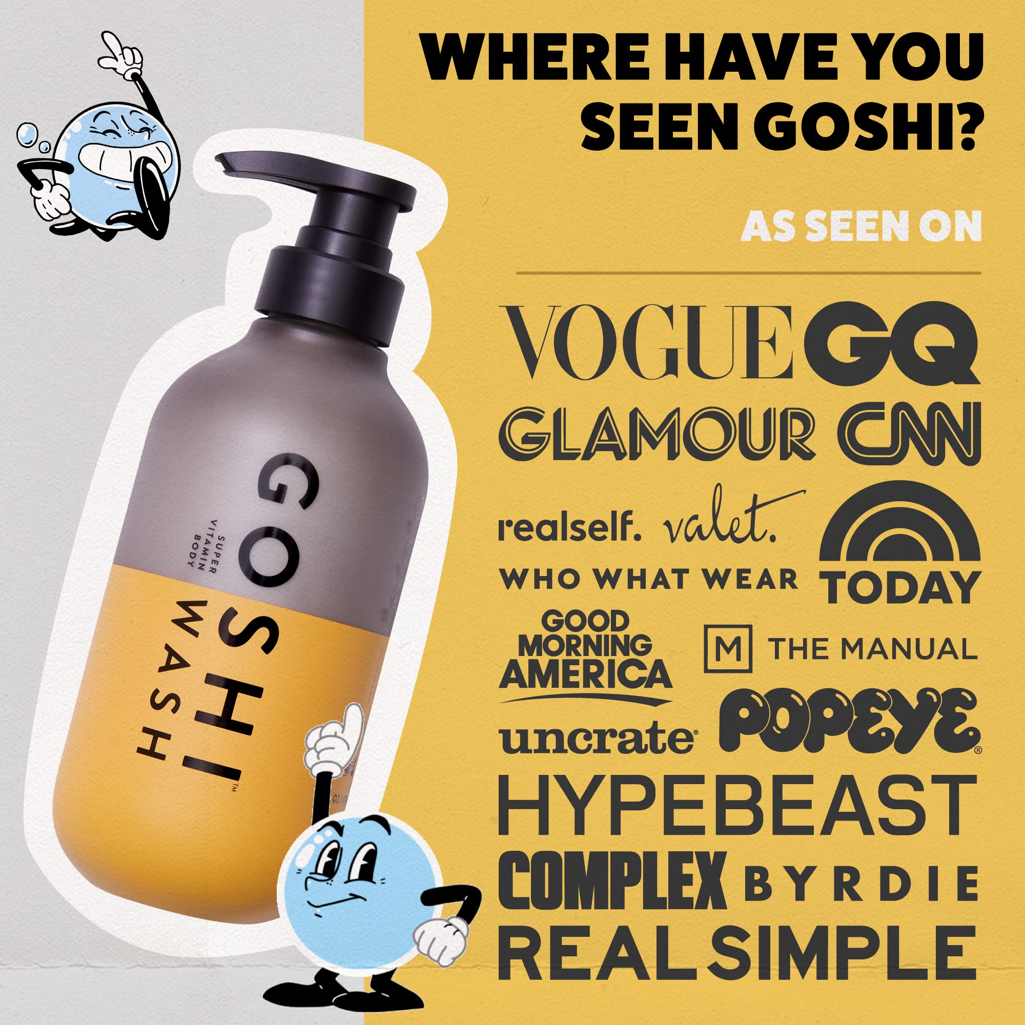 GOSHI Super Vitamin Body Wash bottle closeup highlights a skin-friendly formula for all skin types.
