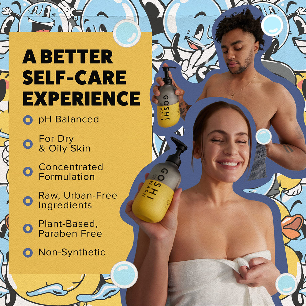 GOSHI Super Vitamin Body Wash ingredients coconut oil and shea butter for nourished skin.