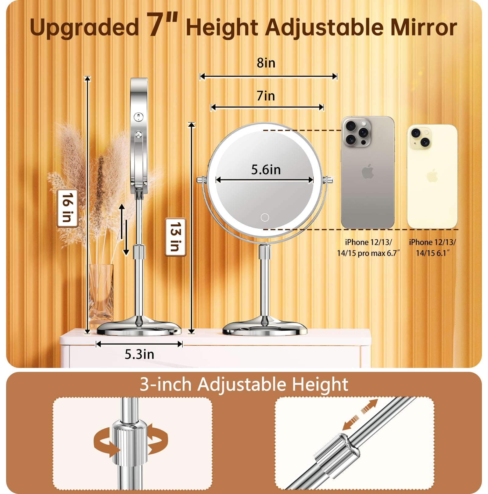 Gospire 7-inch adjustable-height mirror enables ergonomic use on any counter.
