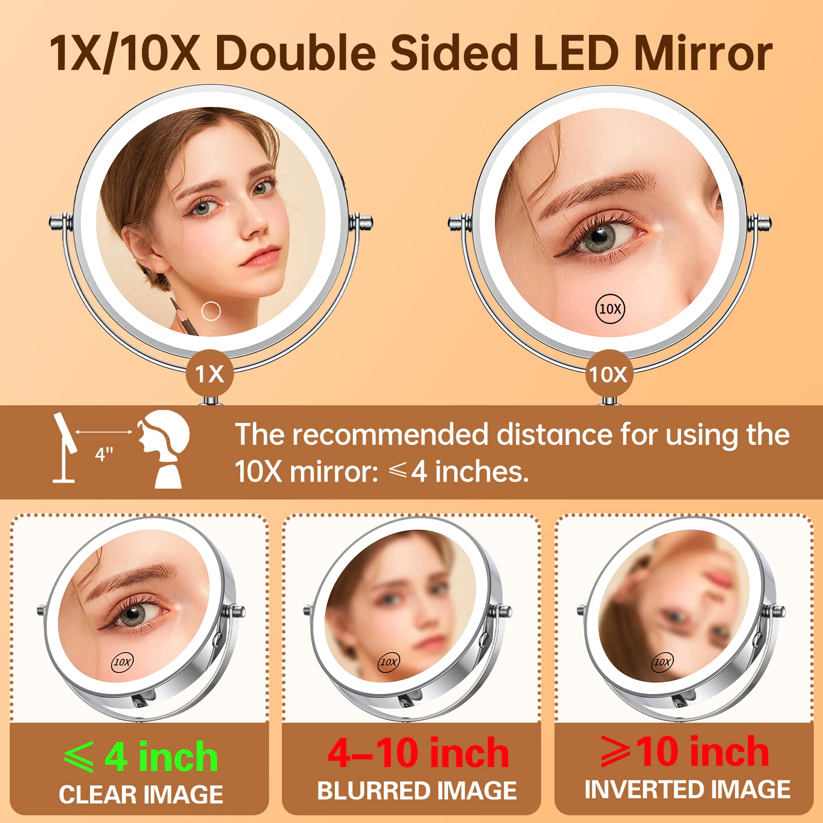 Gospire 7-inch mirror's rechargeable battery provides cordless portability.