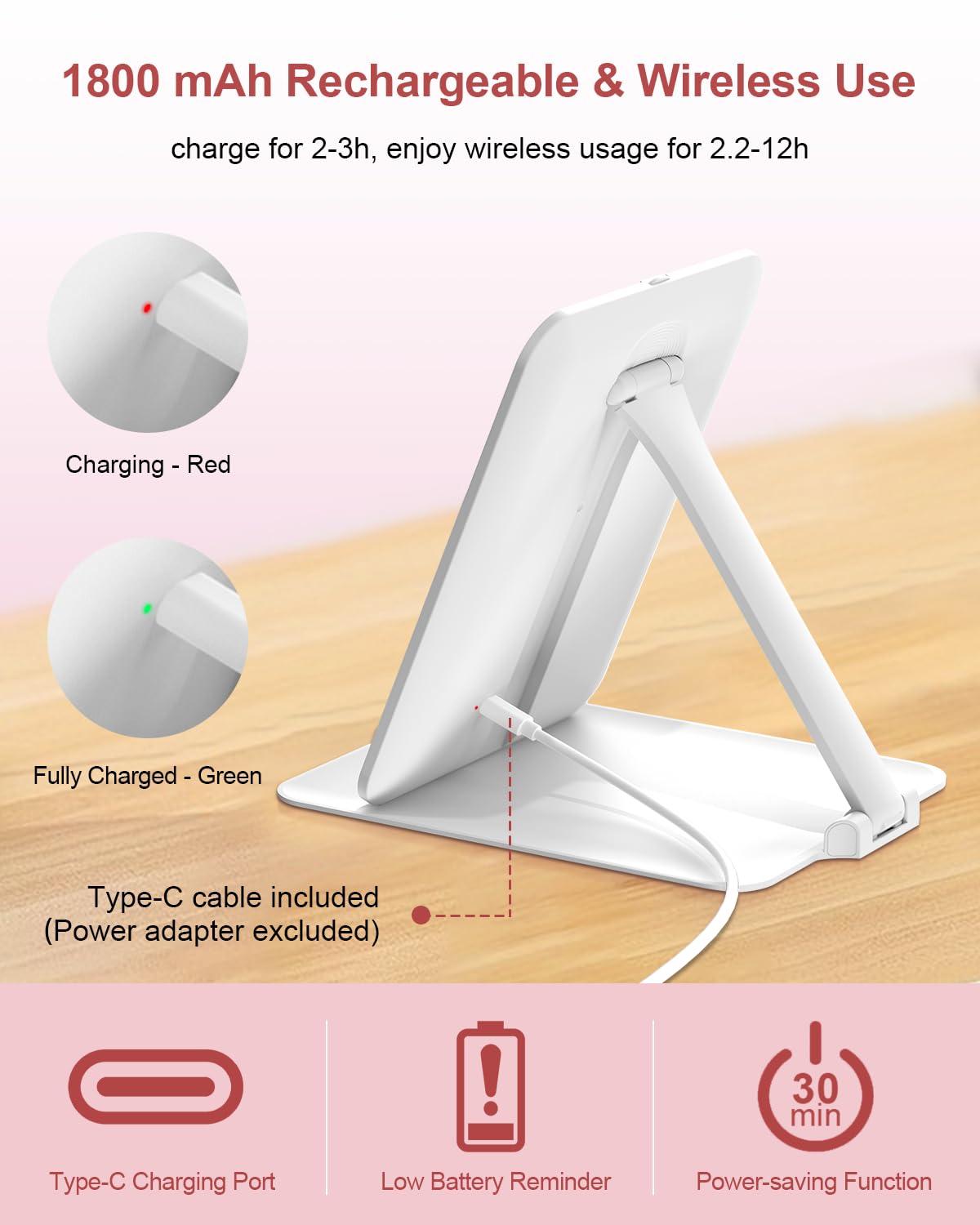 Gospire rechargeable battery with USB-C for cord-free makeup sessions.
