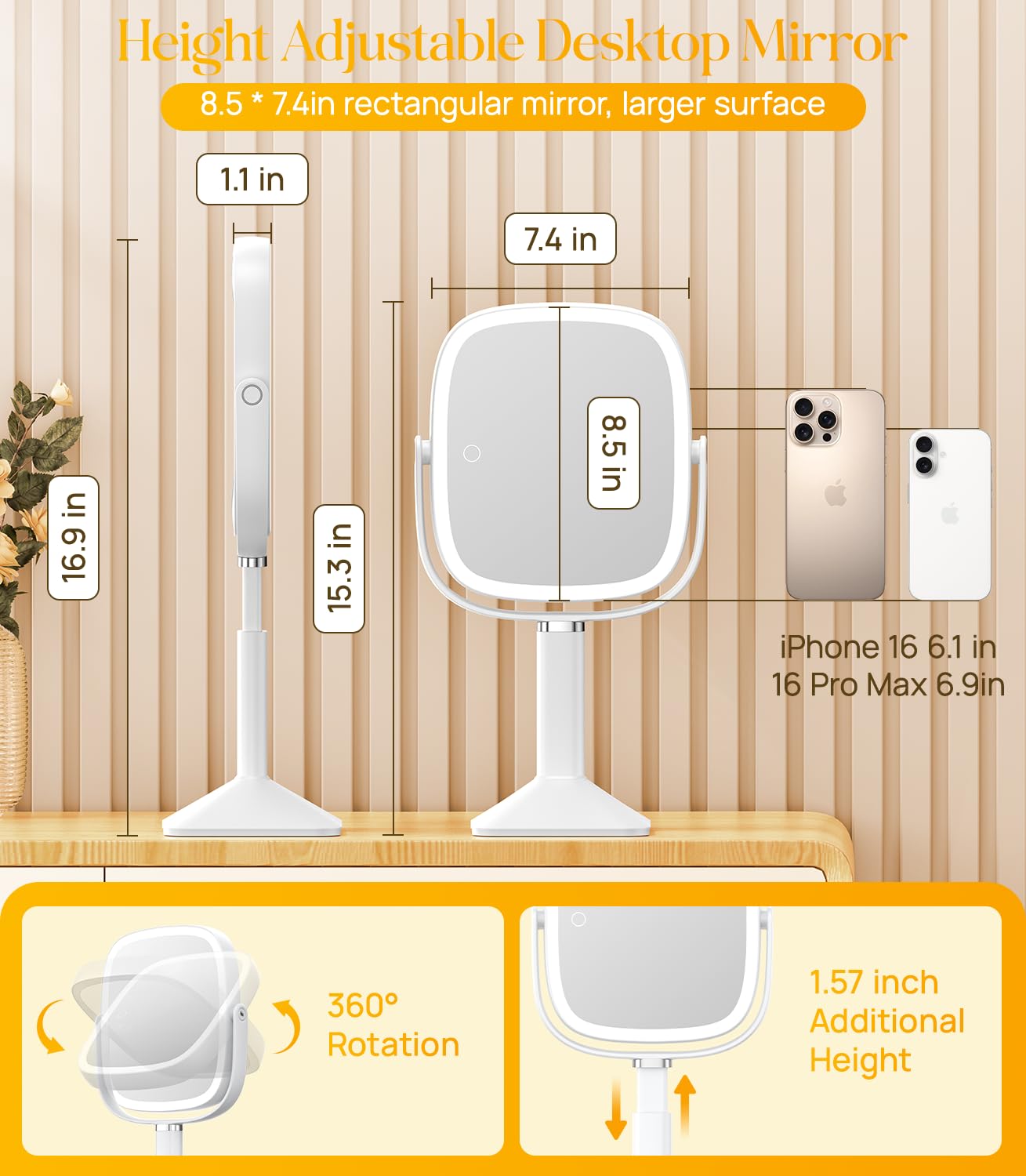 Gospire rectangle mirror with lights; color temperature options for various environments.