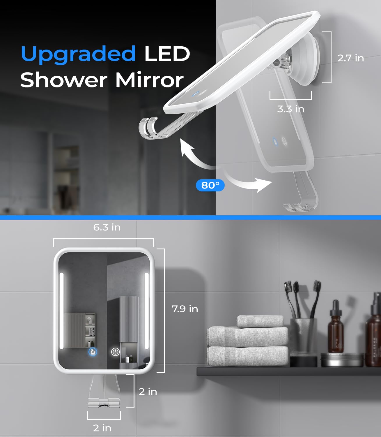 Gospire fogless mirror showing razor hanger for clutter-free grooming