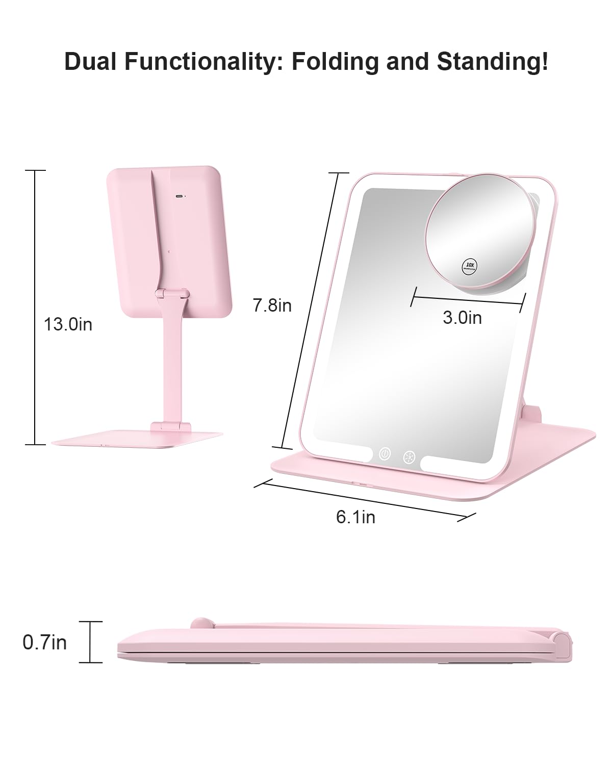Gospire travel makeup mirror 180-degree stand enables comfortable viewing from any height.