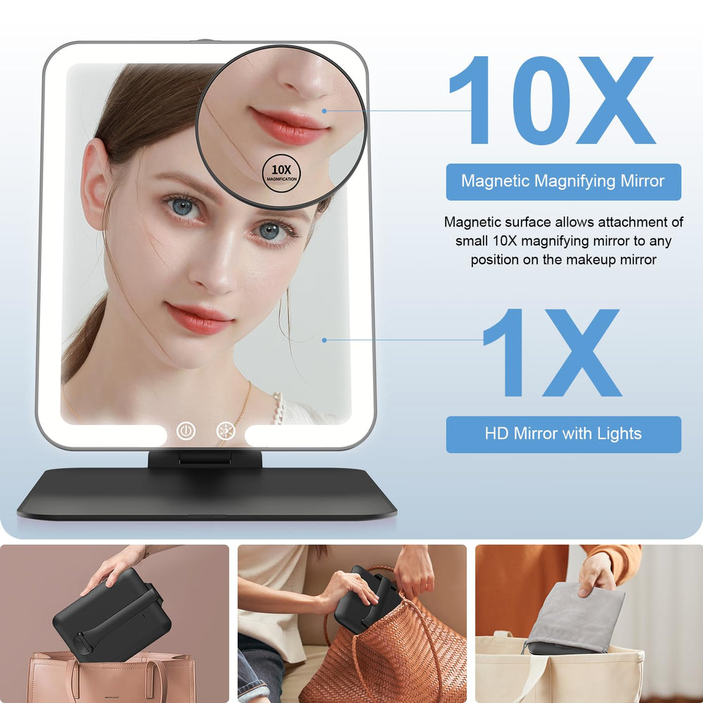 Gospire travel makeup mirror with 58 LEDs and dimming for custom brightness.