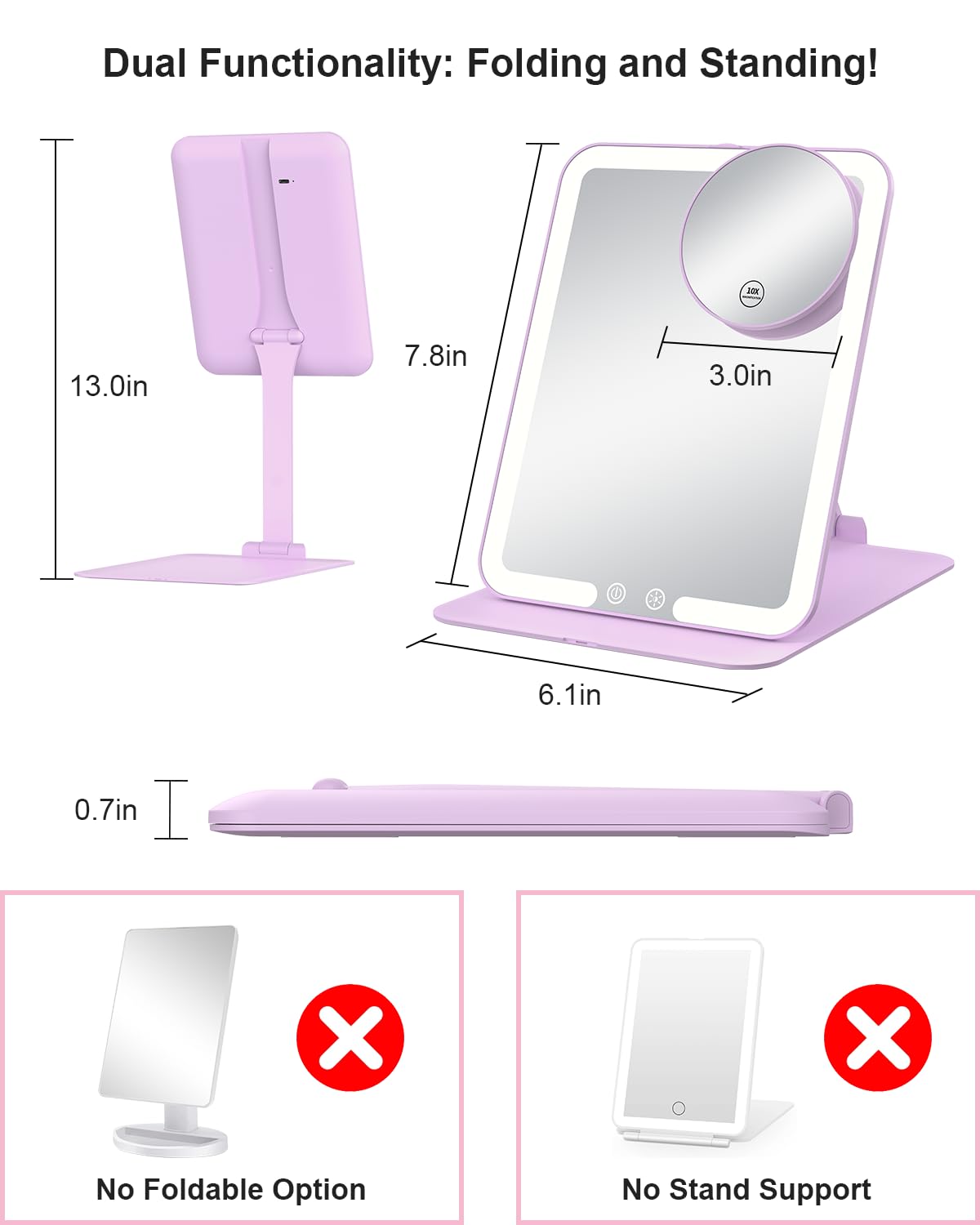 Gospire travel makeup mirror opened on adjustable stand highlights ergonomic angle for precise makeup application.