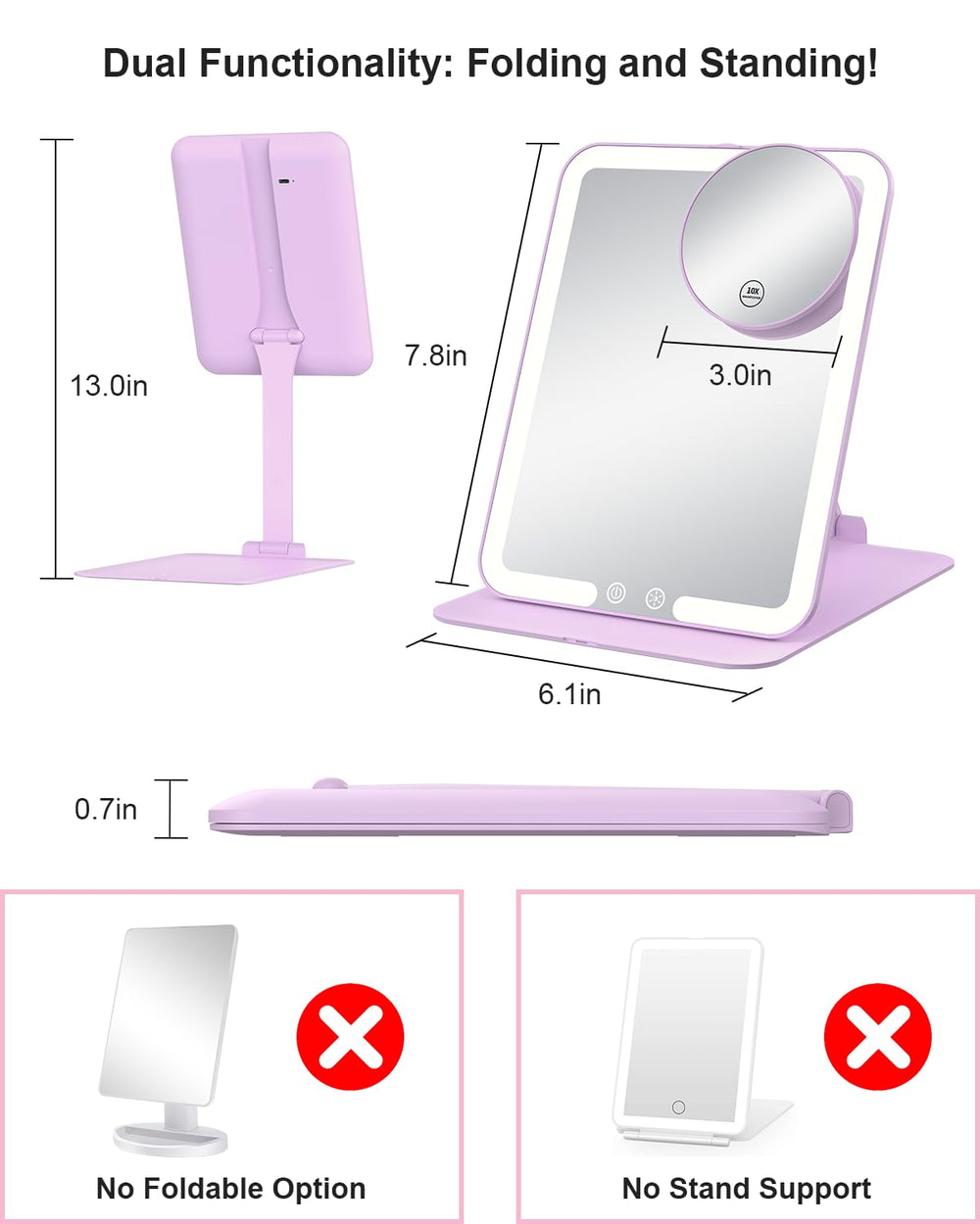 Gospire travel makeup mirror opened on adjustable stand highlights ergonomic angle for precise makeup application.