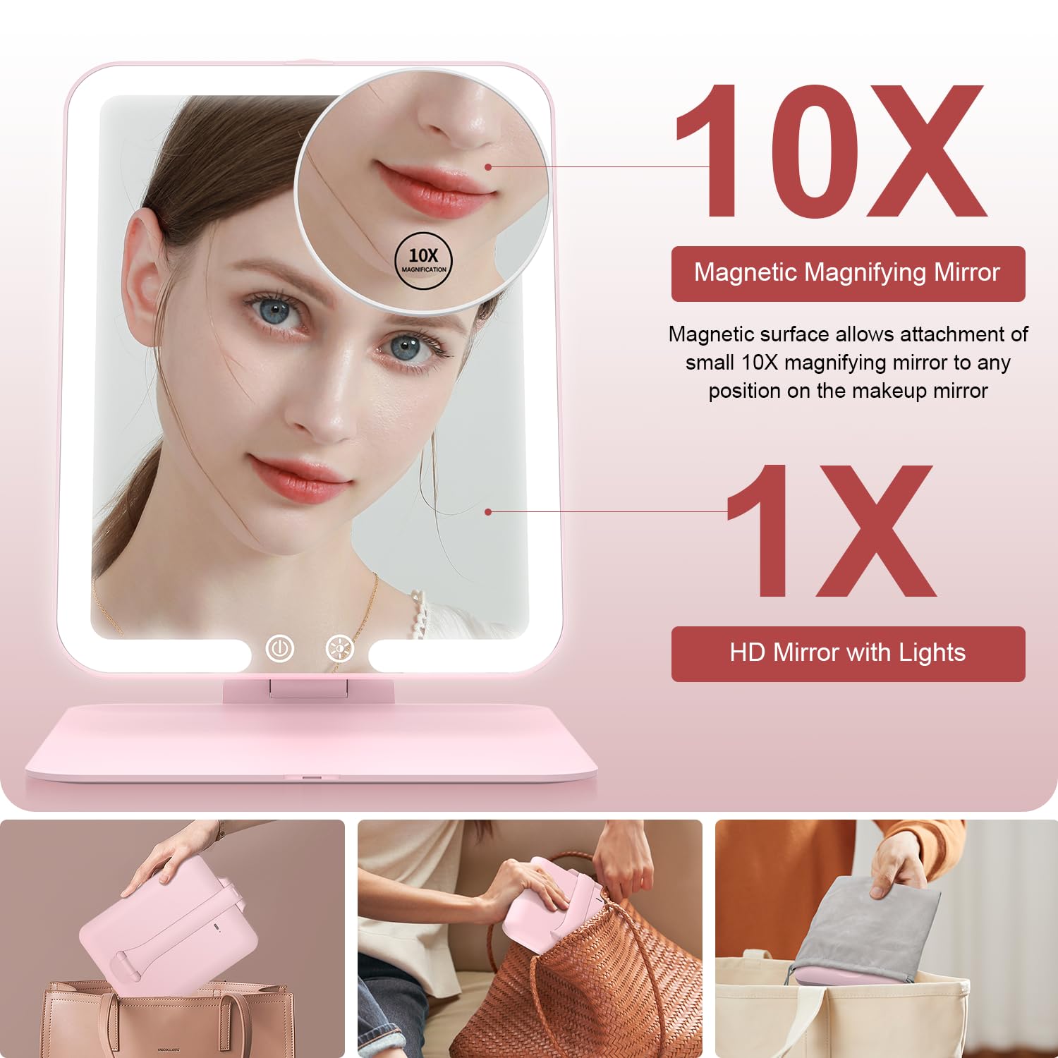 Gospire travel makeup mirror detachable 10X magnifier doubles as a portable touch-up mirror.