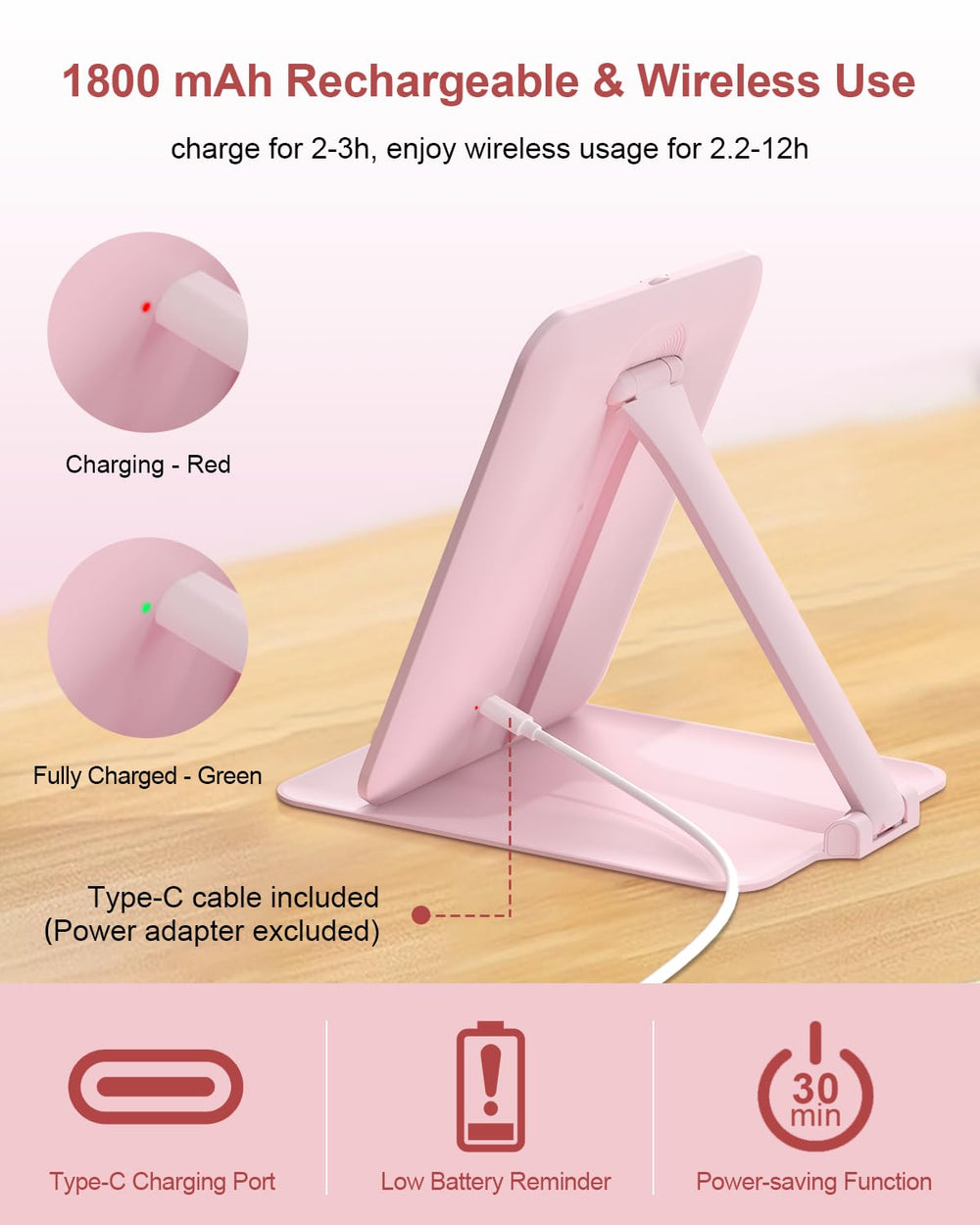 Gospire travel makeup mirror rechargeable battery powers wireless use during travel.