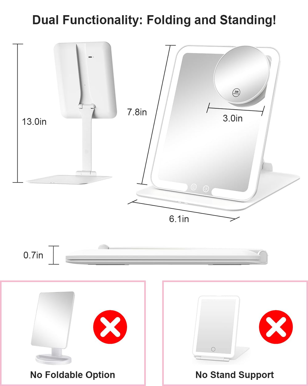 Gospire travel mirror 180-degree stand enabling flexible angles for makeup.