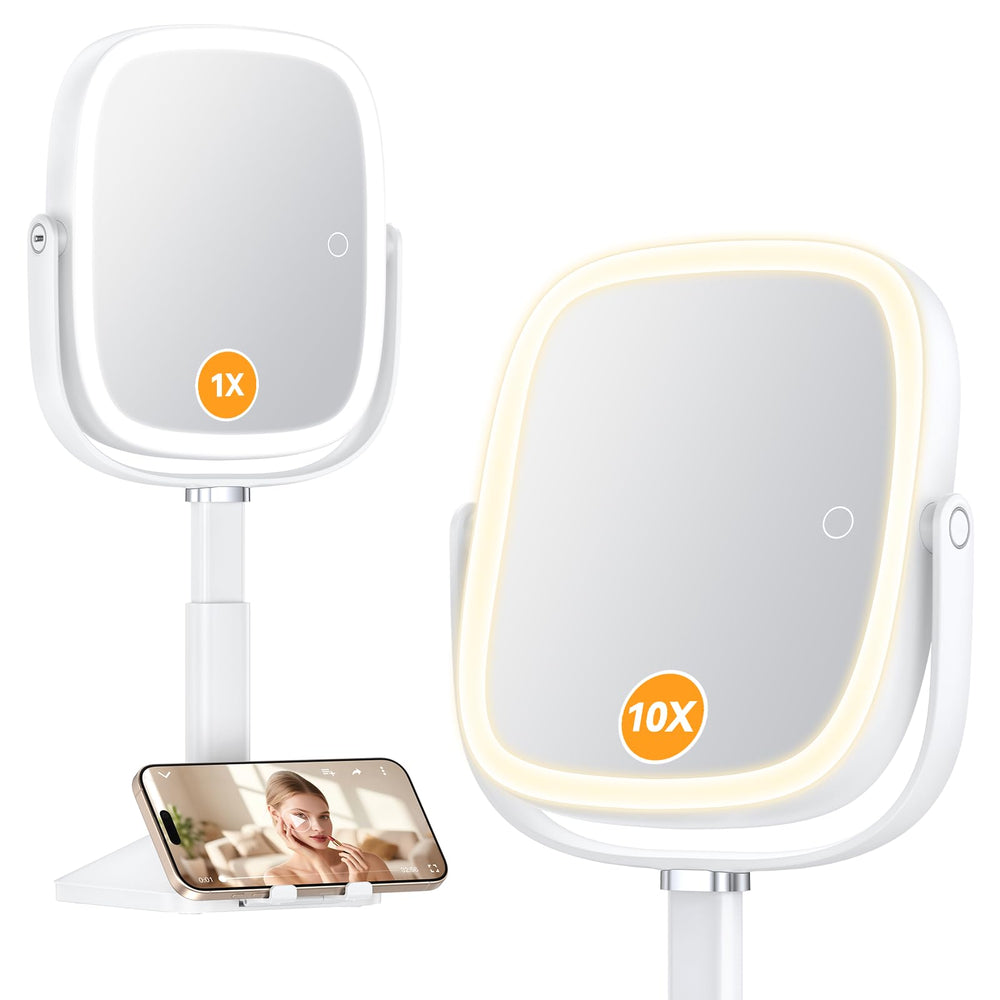 Gospire 1X/10X lighted mirror shows both magnifications for precise makeup and eyeliner tasks.