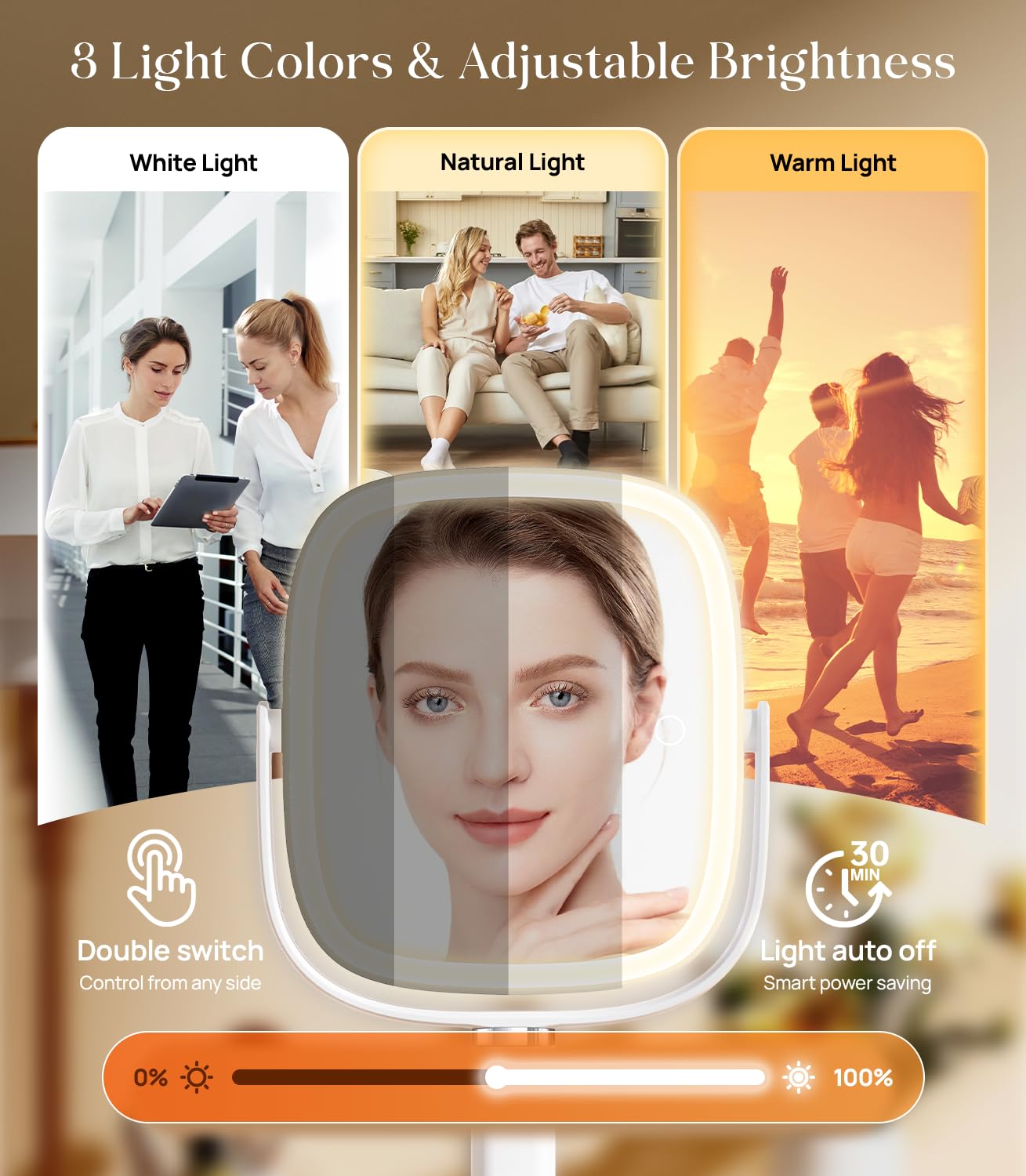Gospire three-color lighting modes with dimming for skincare and makeup routines.