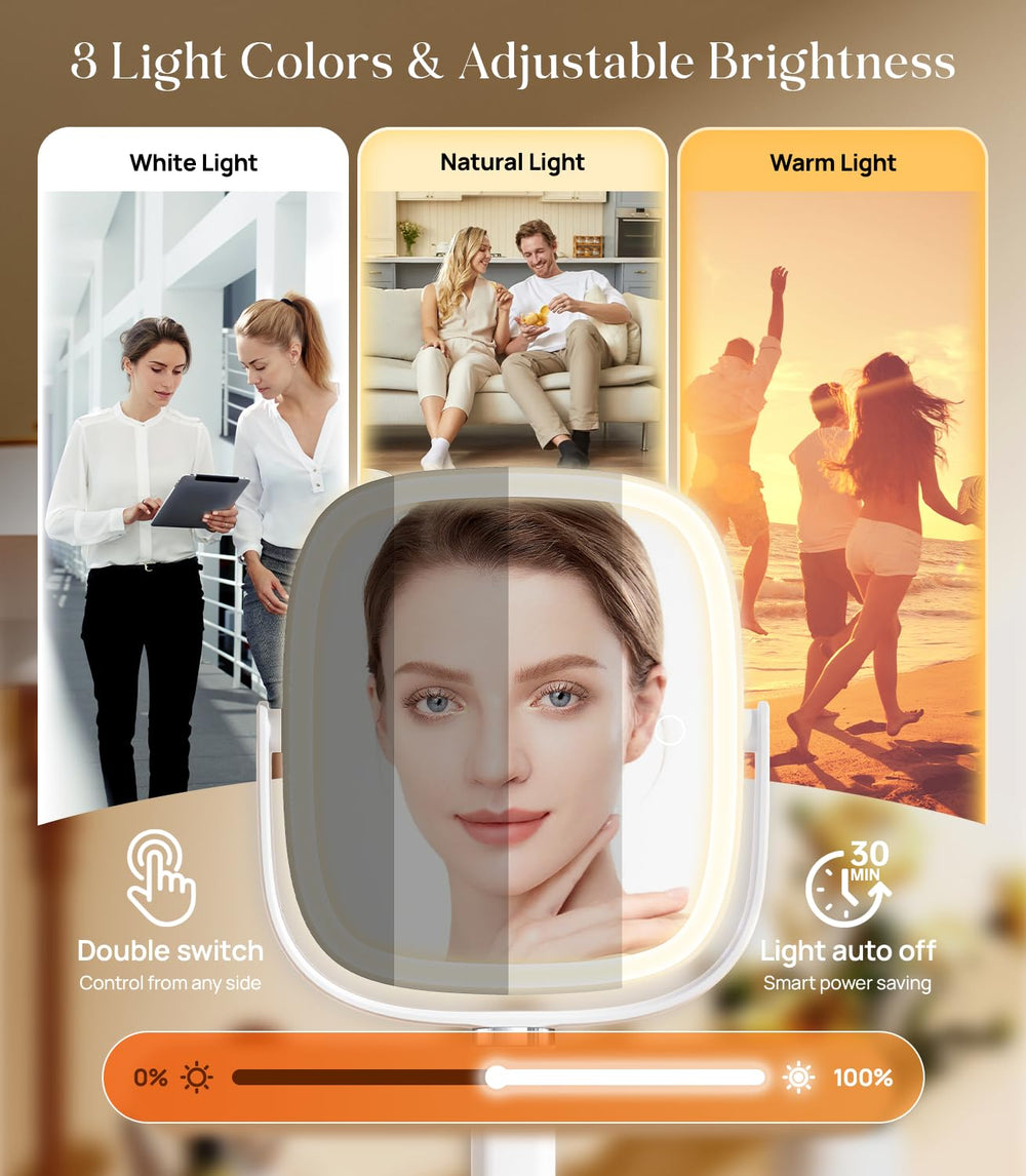 Gospire three-color lighting modes with dimming for skincare and makeup routines.