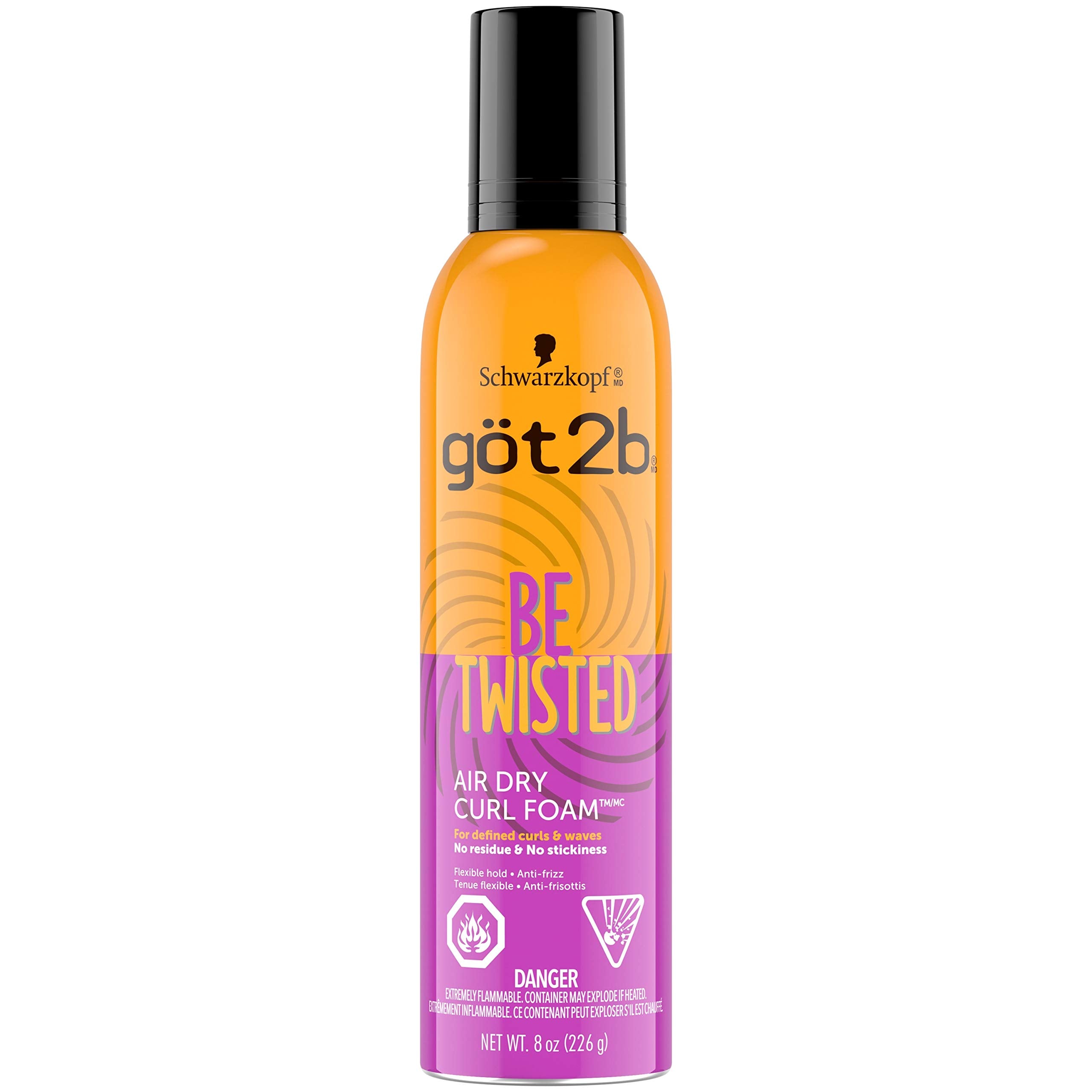 Got2b Be Twisted Air Dry Curl Foam bottle front shows flexible hold for curls