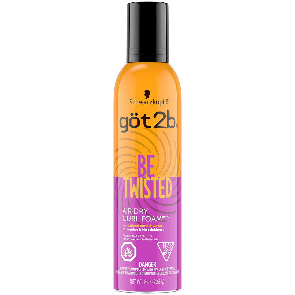 Got2b Be Twisted Air Dry Curl Foam bottle front shows flexible hold for curls