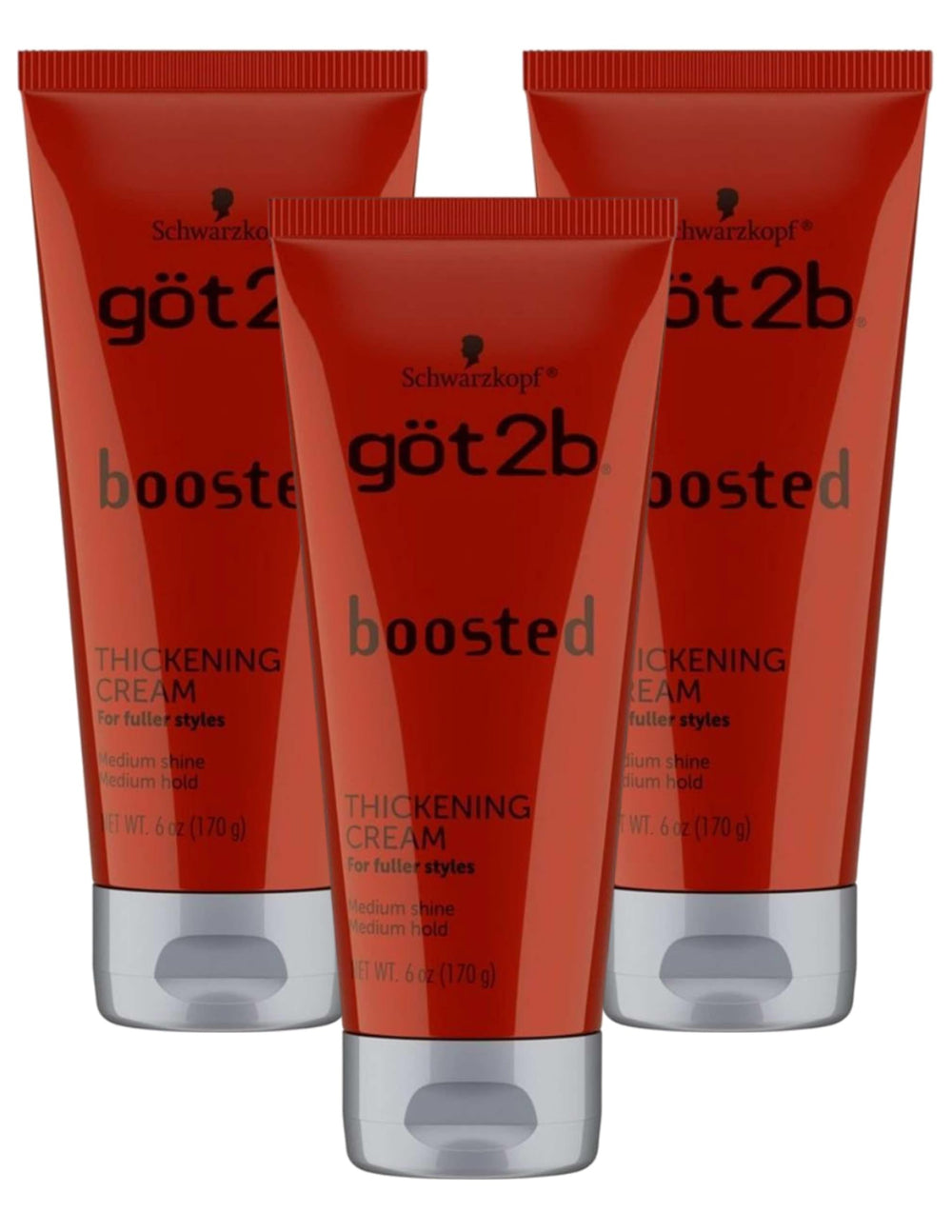 Got2B Boosted hair thickening cream bottle shows a 6 oz size for lasting volume