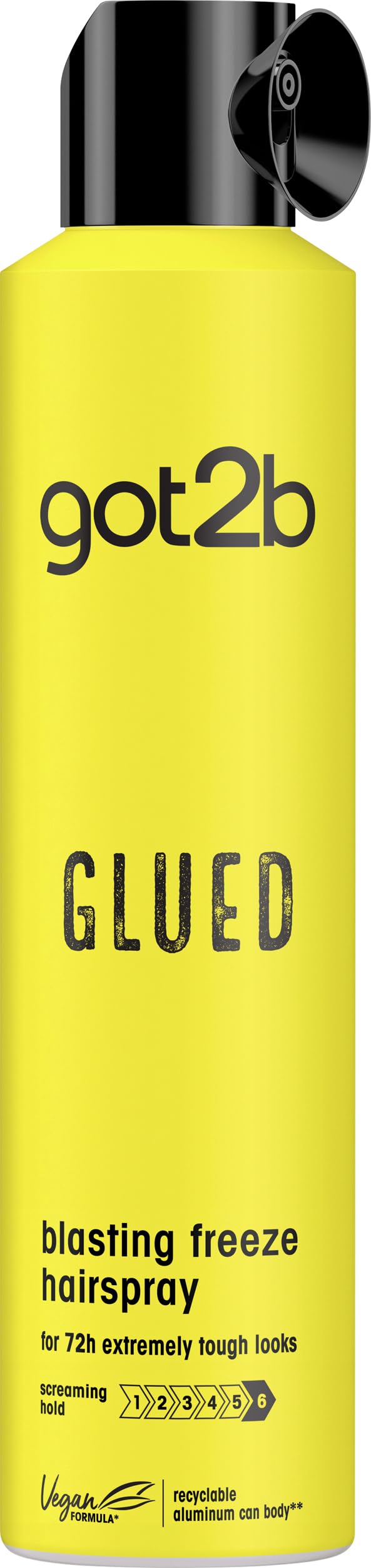 Got2B Glued Blasting Freeze Spray bottle demonstrating extreme hold for lasting hairstyles.