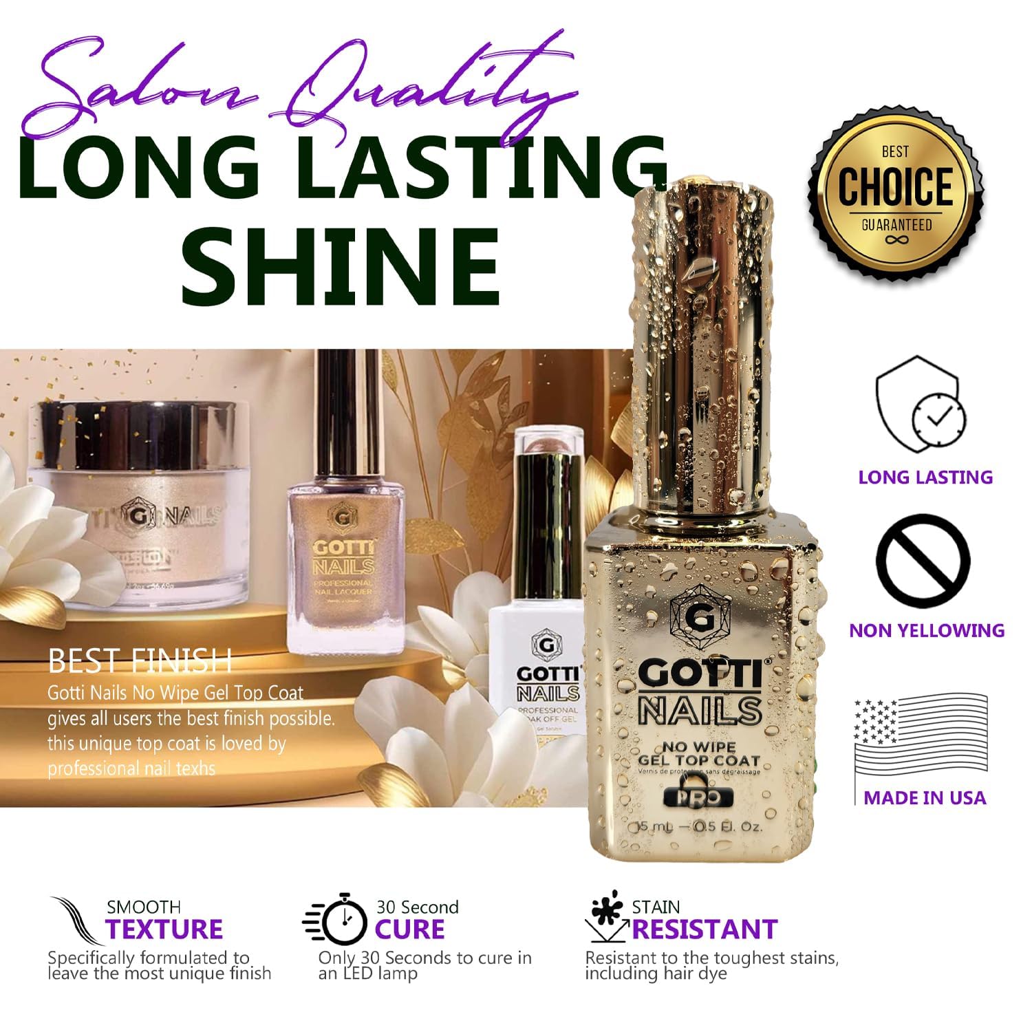 Gotti Nails Gel Top Coat Glossy swatch shows crystal-clear shine and even coverage.
