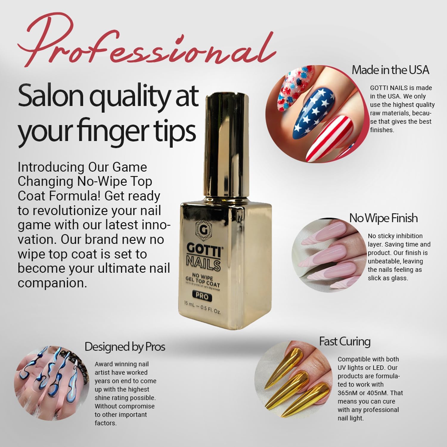 Gotti Nails Gel Top Coat LED UV curing image demonstrates fast, reliable hardening.