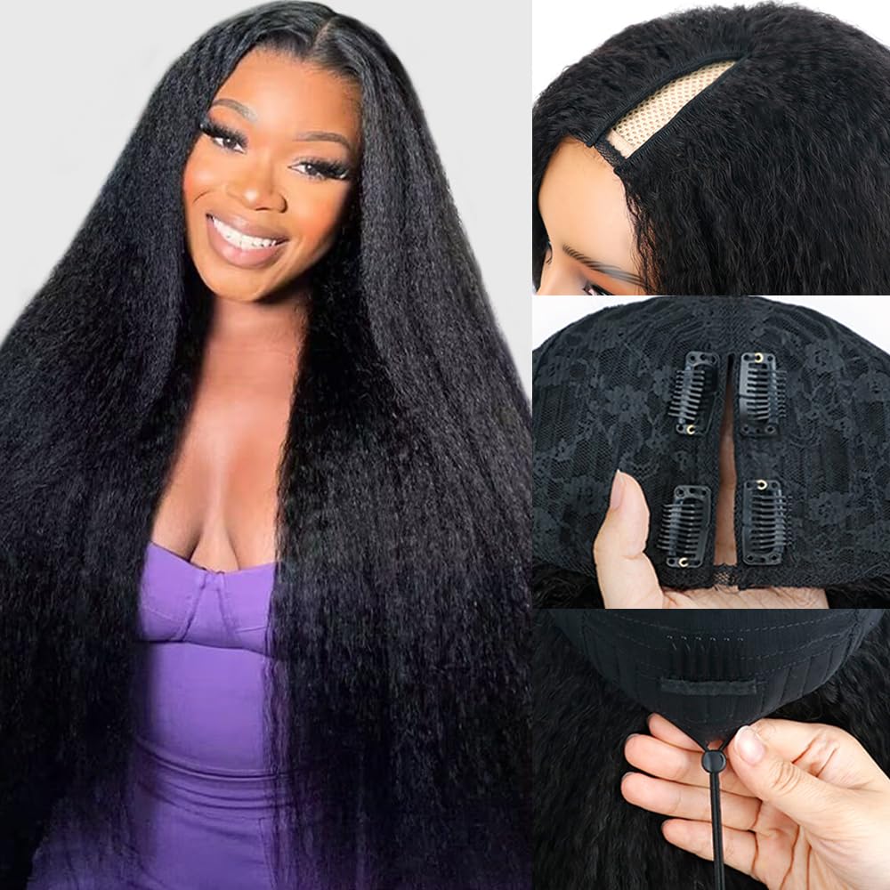 Goulus kinky straight V-part wig 18-inch cap layout enables seamless styling options.