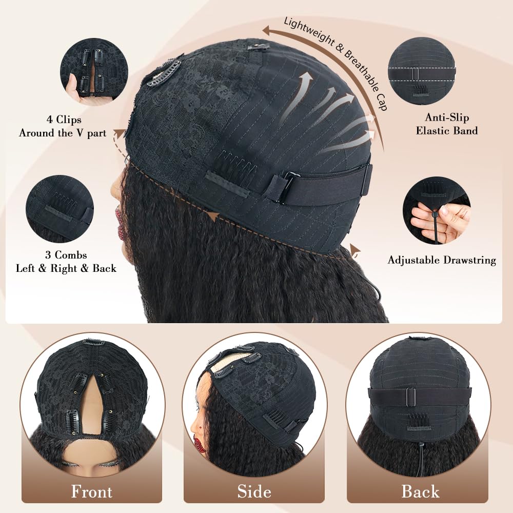 Goulus kinky straight wig drawstring adjustment for comfortable wear.