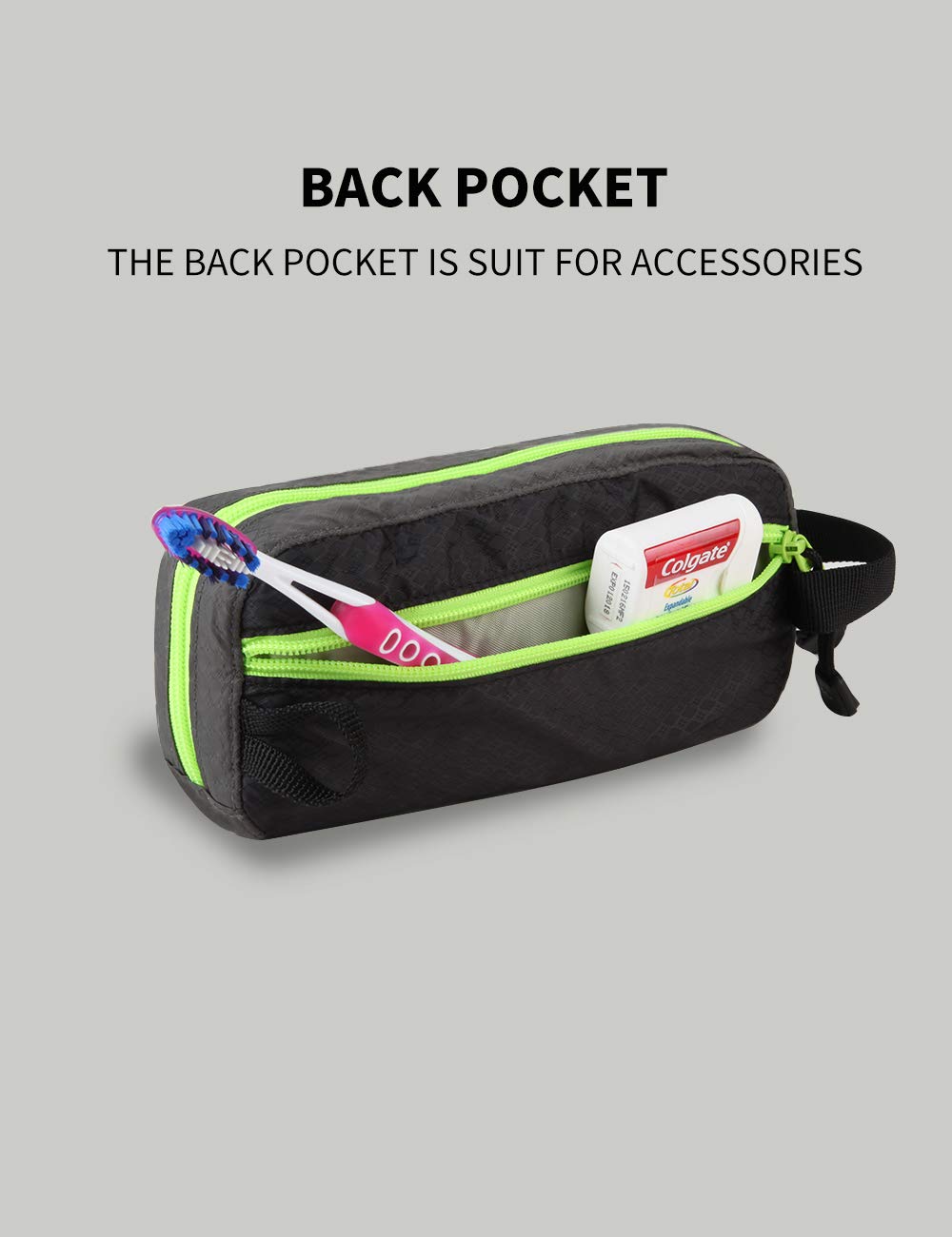GOX organized pockets view shows main compartment and side pouches for toiletries