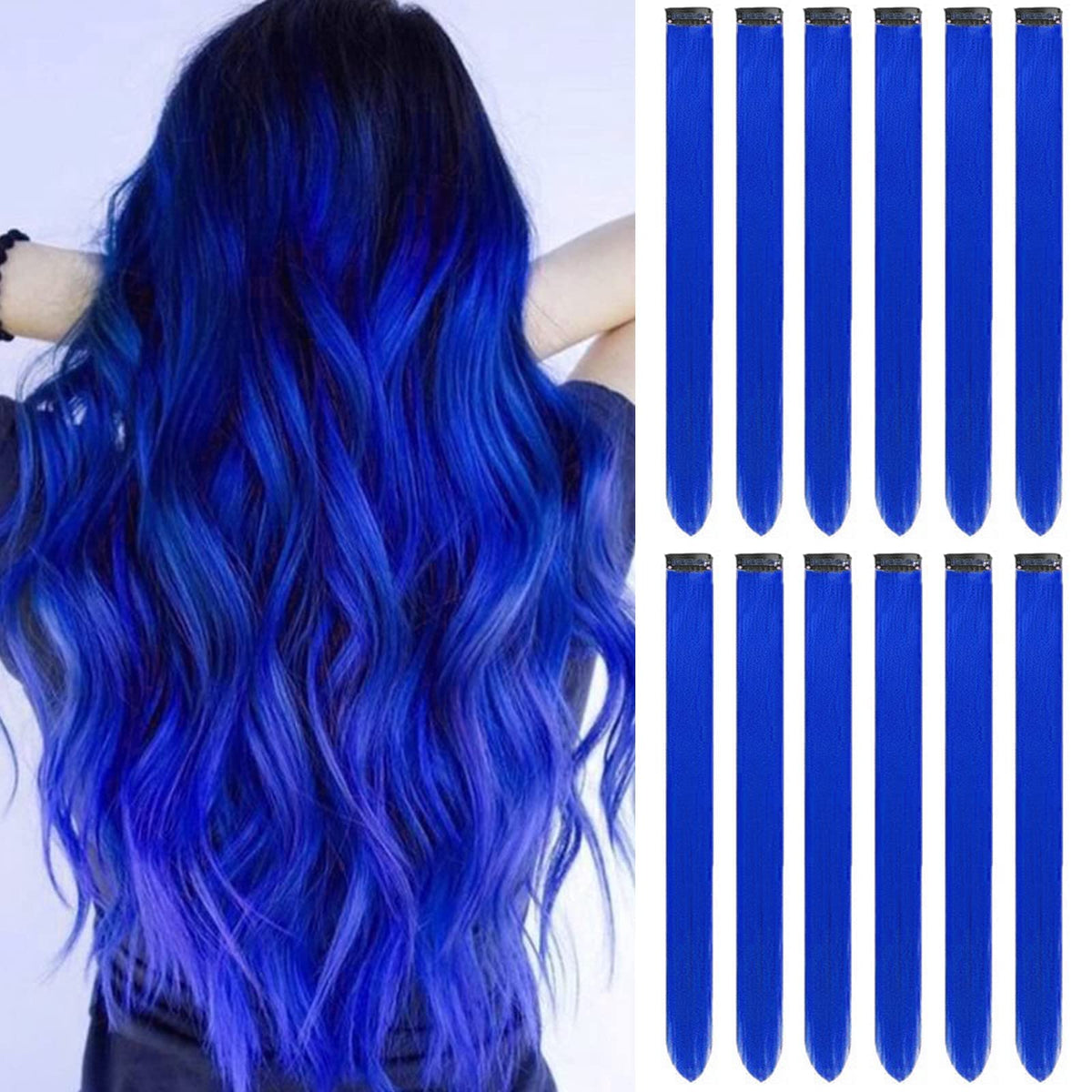 GPOVVIMX blue clip-in hair extensions 22inch for quick color boosts.