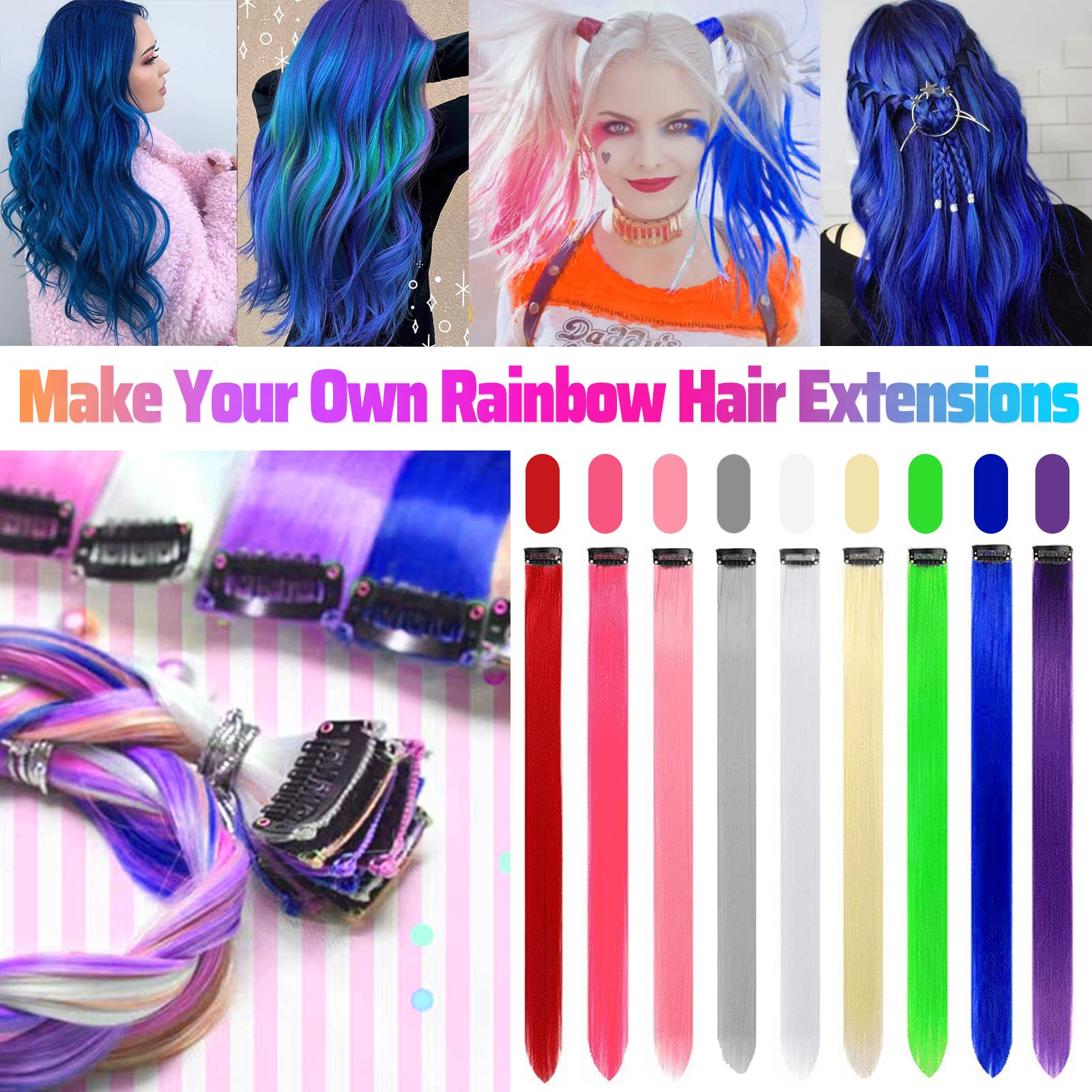 GPOVVIMX straight blue synthetic hair clip-in for easy styling.