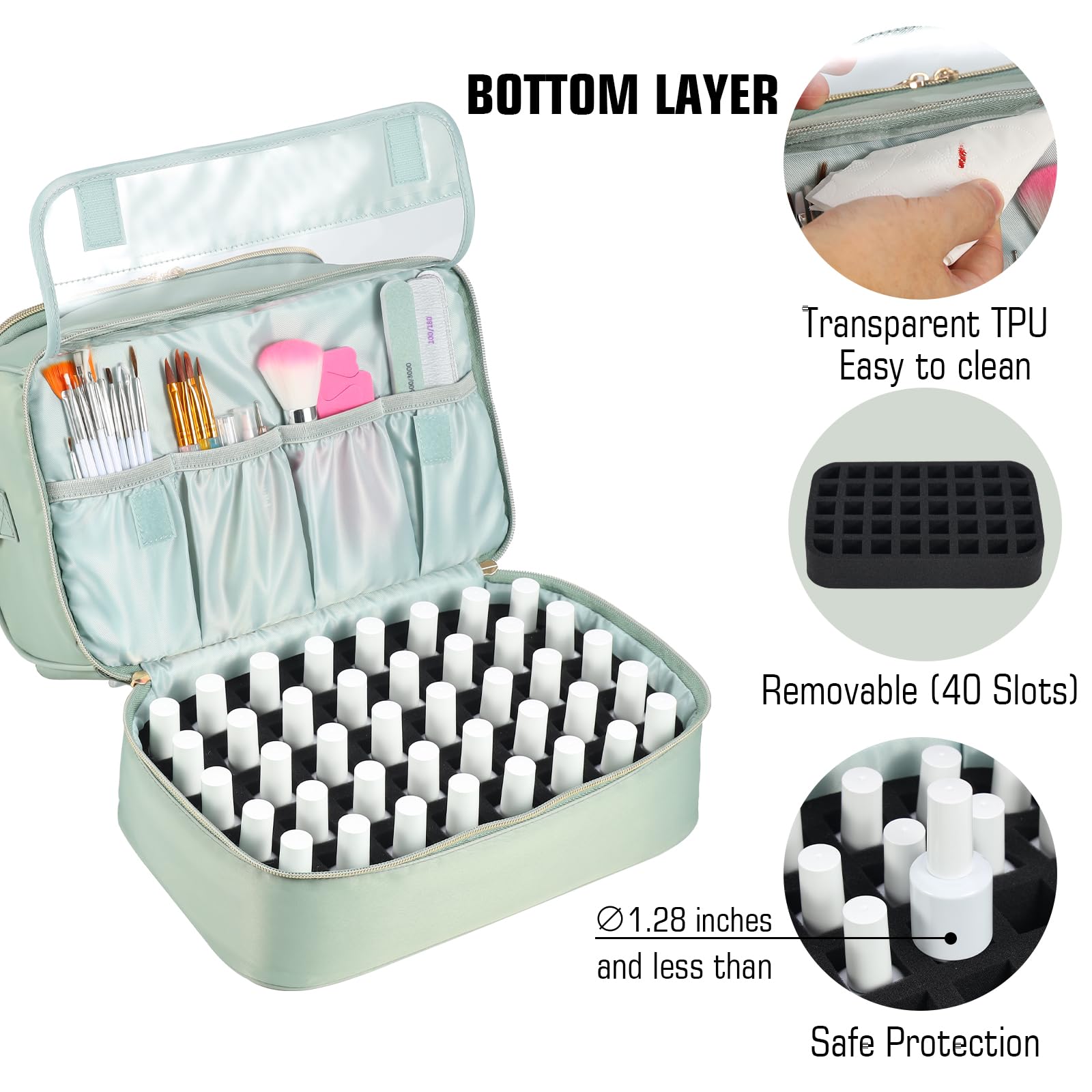 GR69N Nail Polish Organizer Case interior—capable of holding 50 bottles with a nail lamp slot.