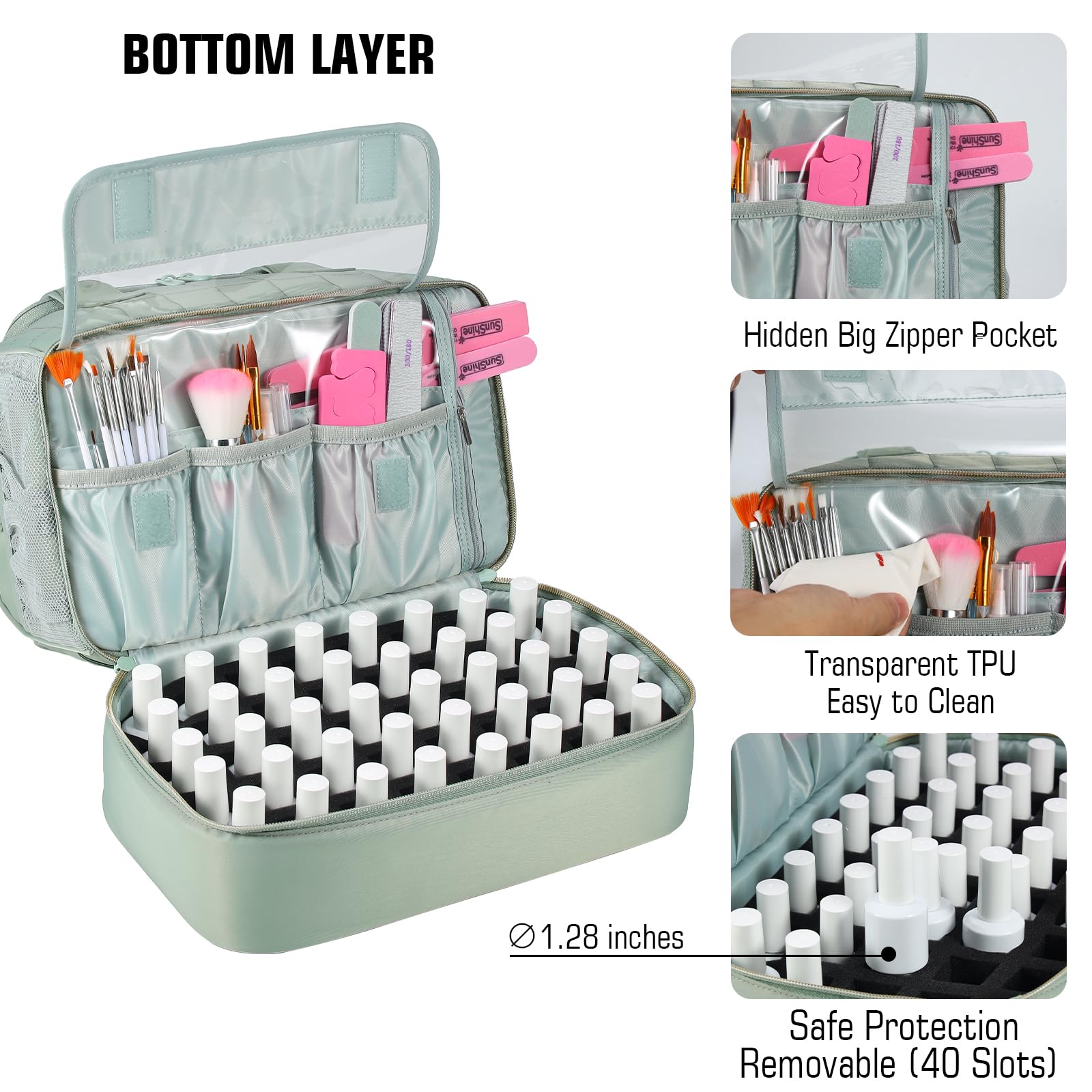 GR69N Nail Polish Organizer Case travel handles and strap enable easy transport.