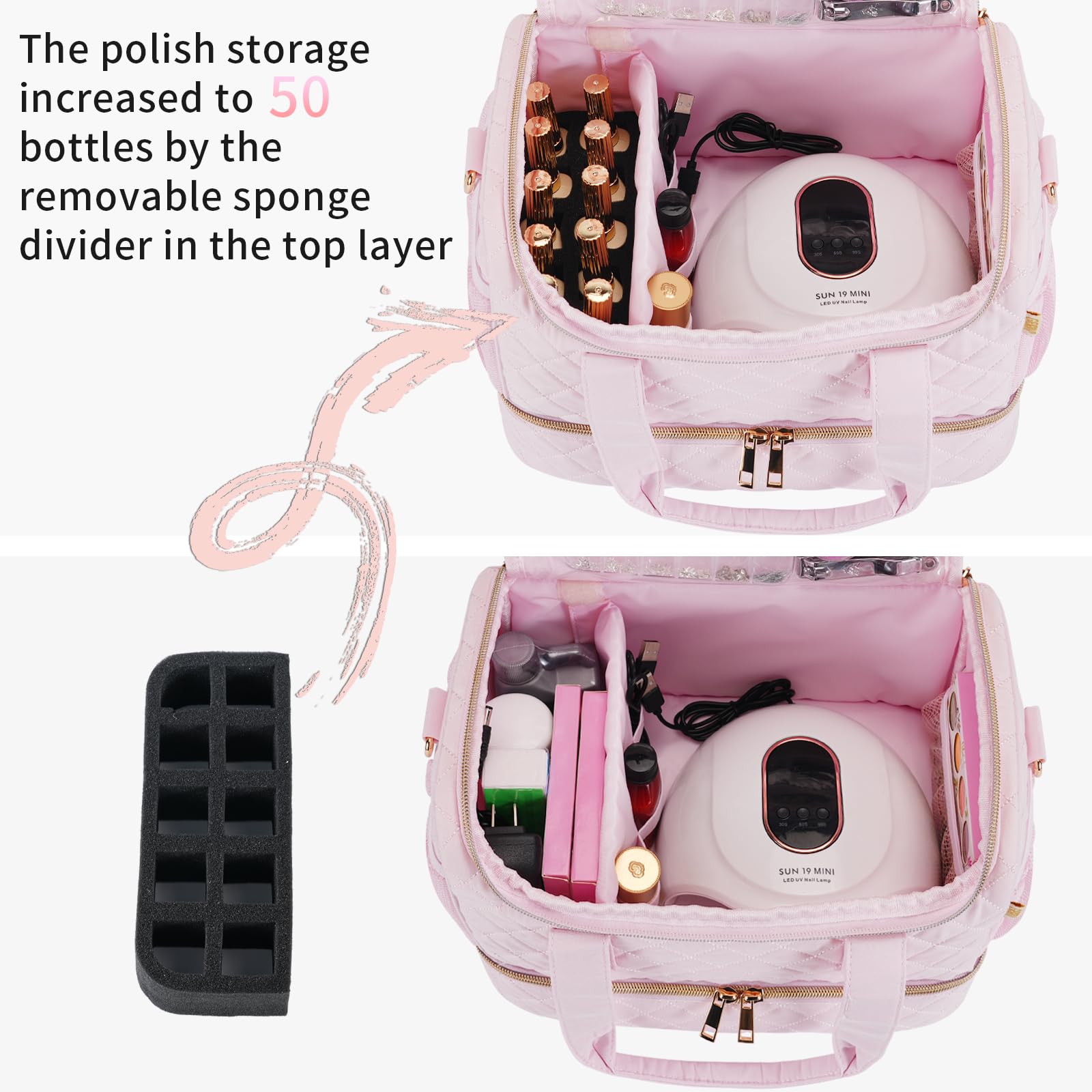 GR69N Nail Polish Organizer Case full setup demonstrates travel-ready dual-layer protection for fragile bottles.
